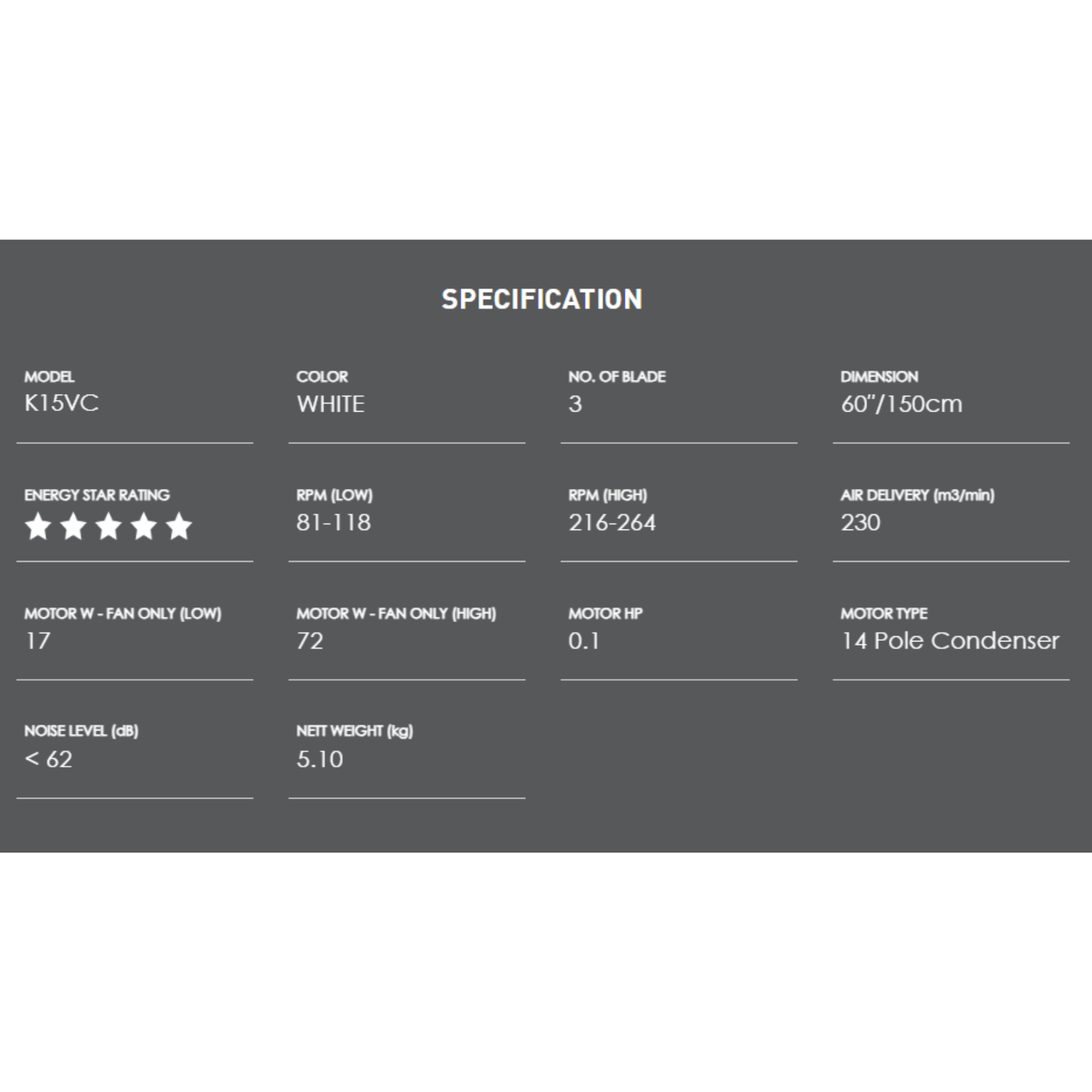 KDK 60" Ceiling Fan 3-Blade Regulator White JKR Spec (K15VC)
