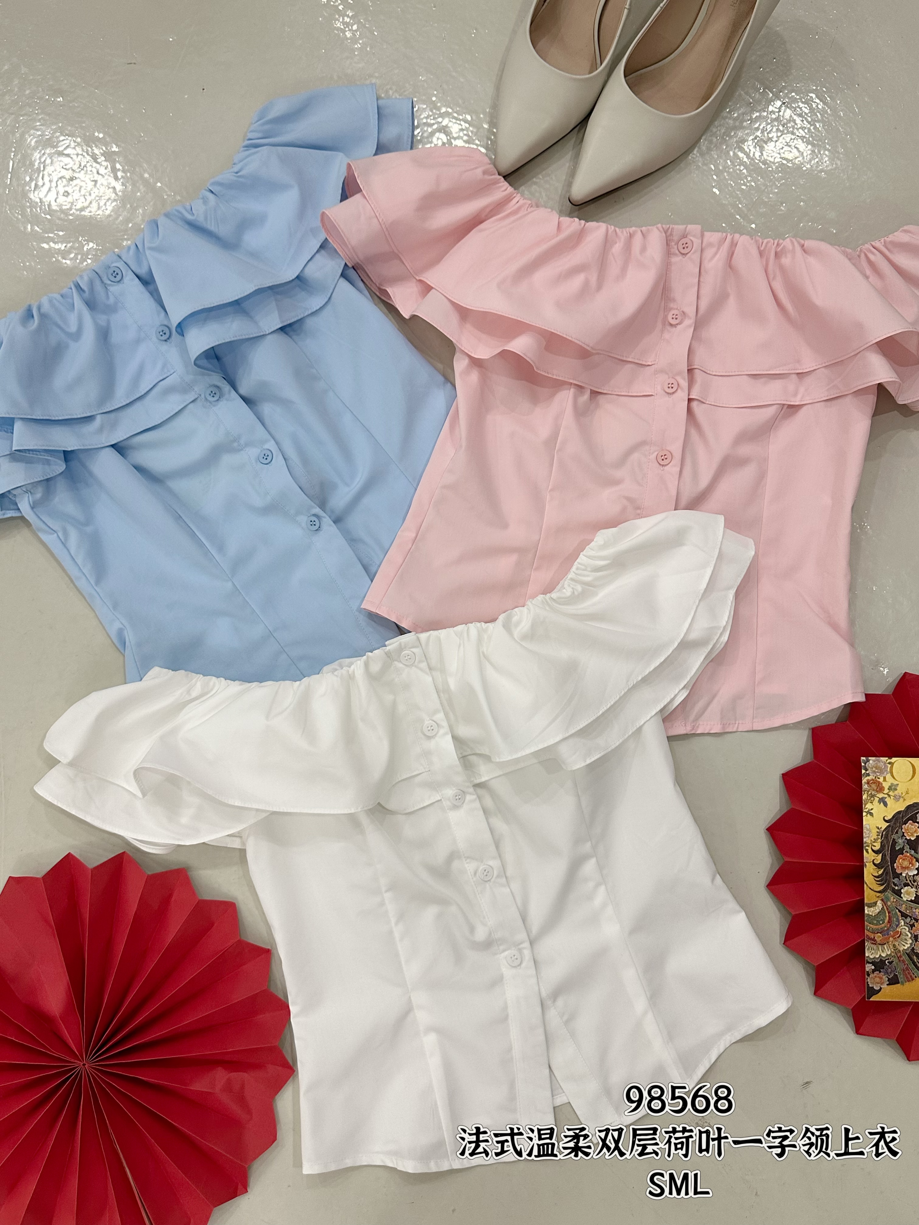 98568 DESIGN BLOUSE 法式双层荷叶一字领上衣