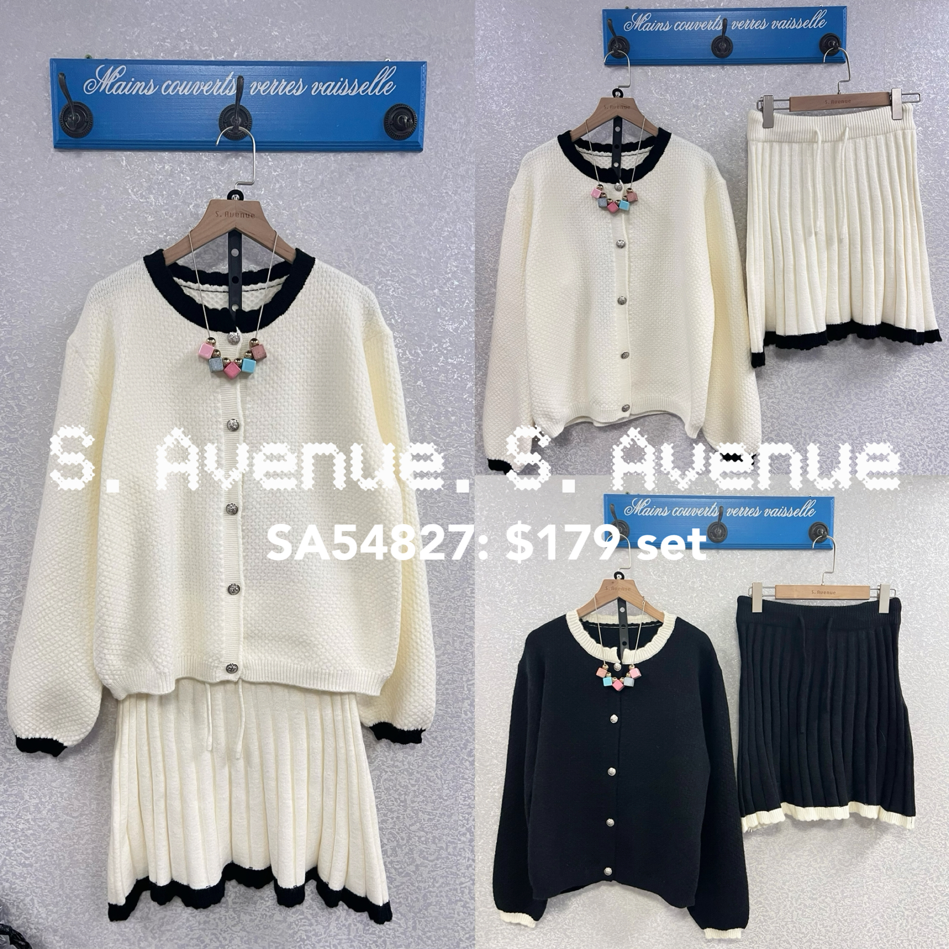 SA54827: 撞色邊長袖有鈕外套+百撍短裙套裝