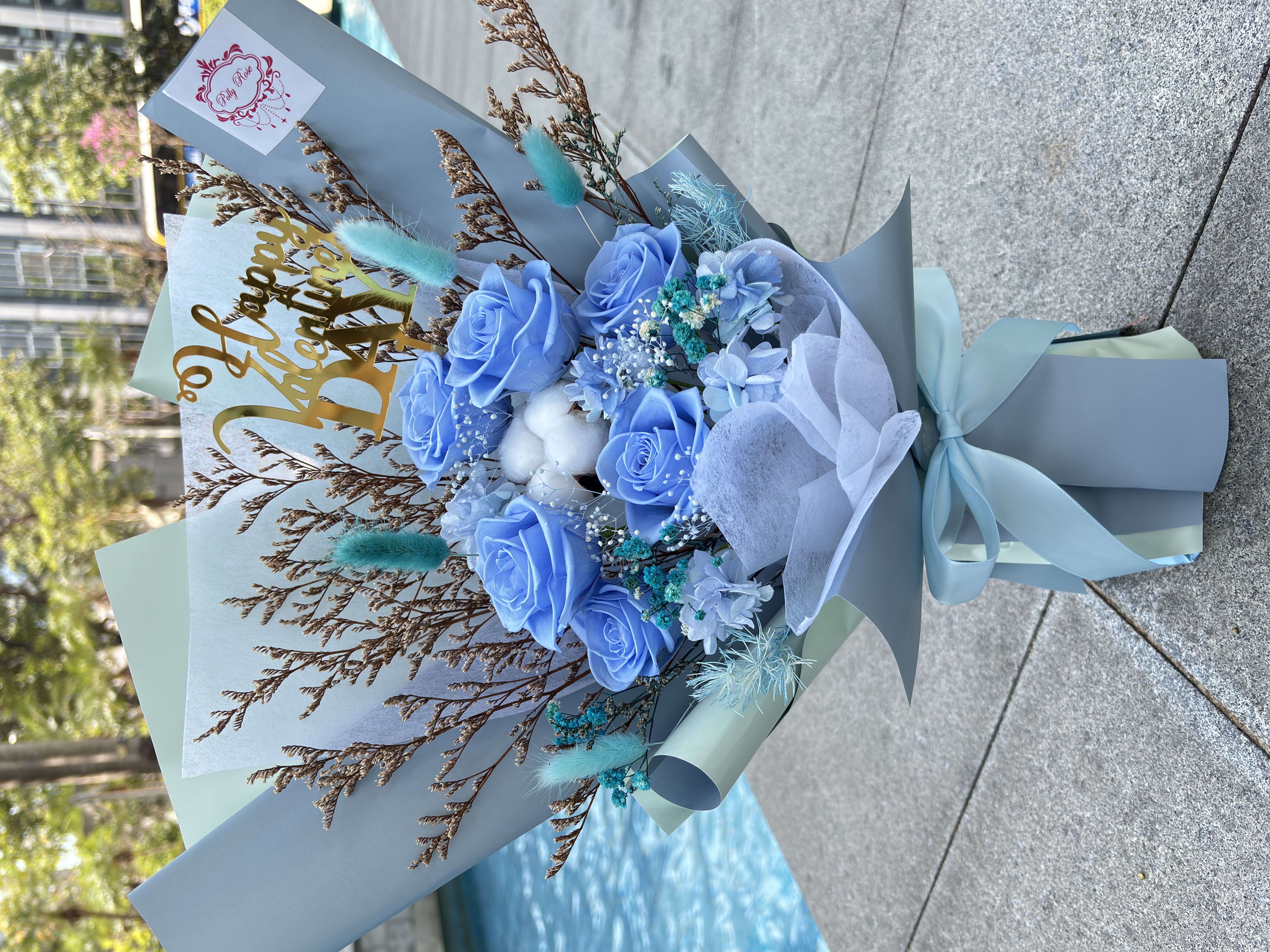 情人節永生花花束（6朵玫瑰, 高約43cm、紅、淺紫、深紫、粉紅、藍）