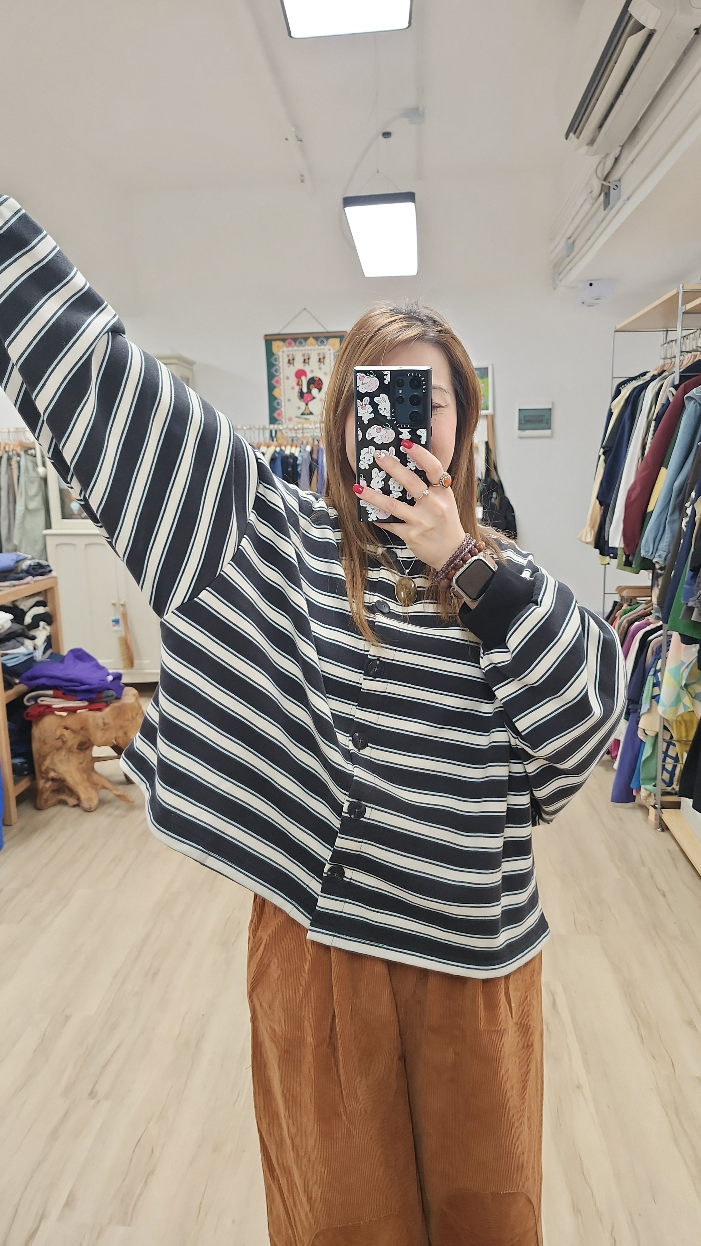 韓國炭灰米白橫間闊棉外套