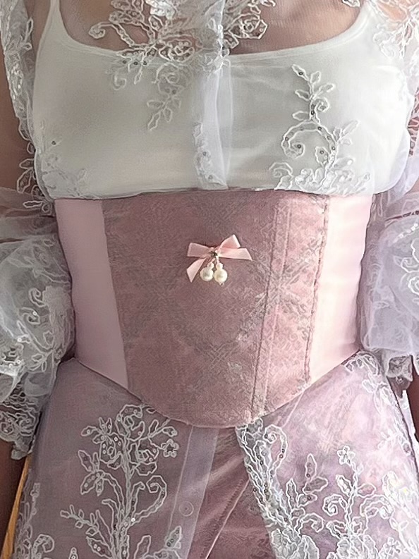 Songket Underbust Corset and Pareo Skirt in Baby Pink with Angel Blouse in True White