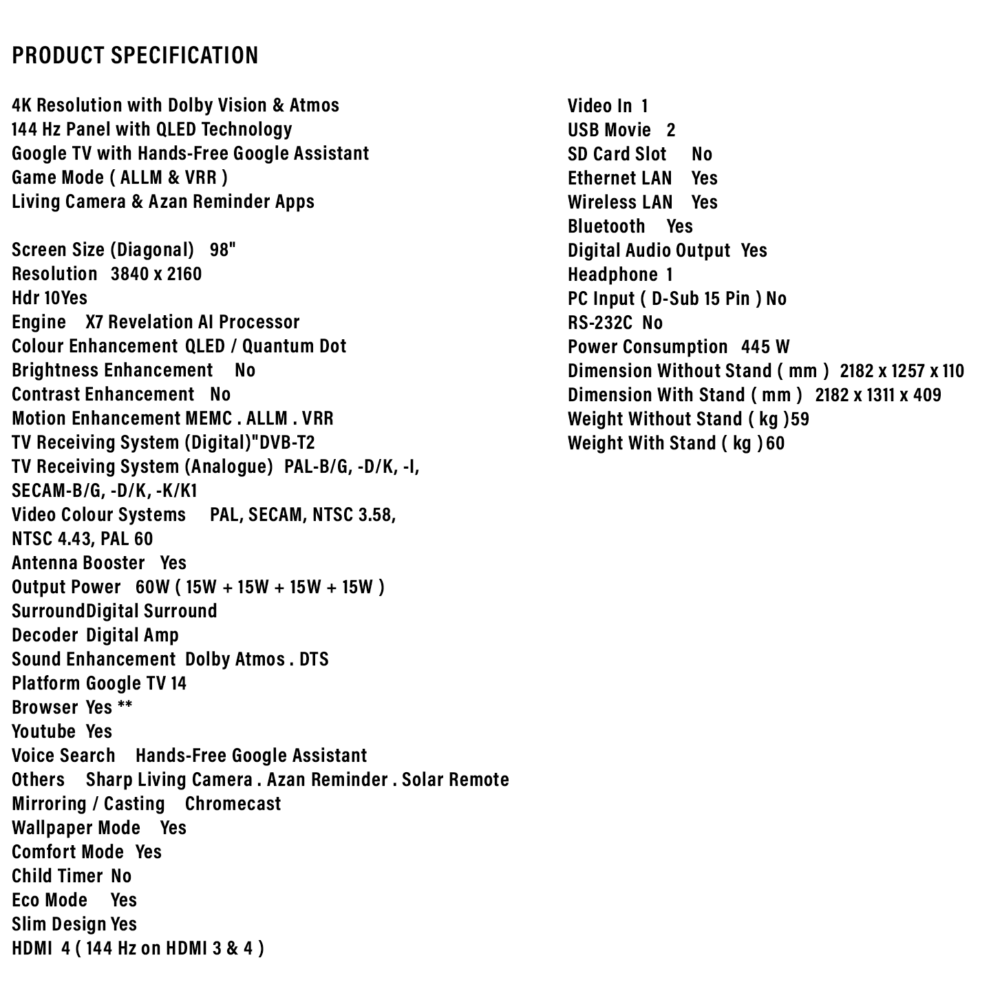 Sharp 98" 4K UHD QLED 144Hz Google TV (4TC98HN7000X)