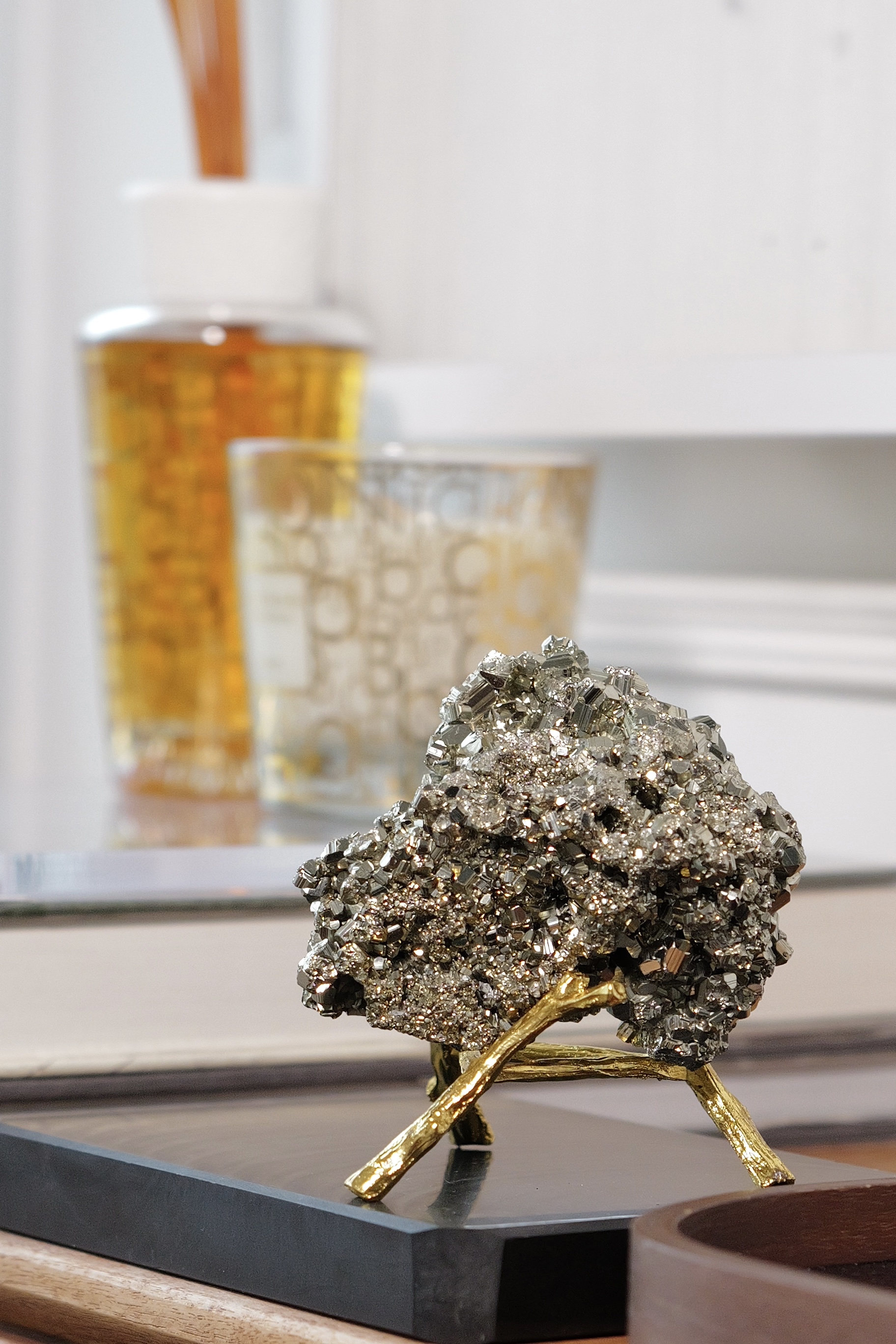  ༒9.7cm 黃鐵礦多面體共生方解石花原礦擺件༒ PY.A23CA6Gmat-RB5*11A6