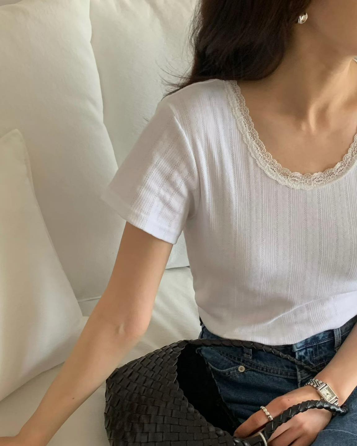 lace邊㘣領打底top