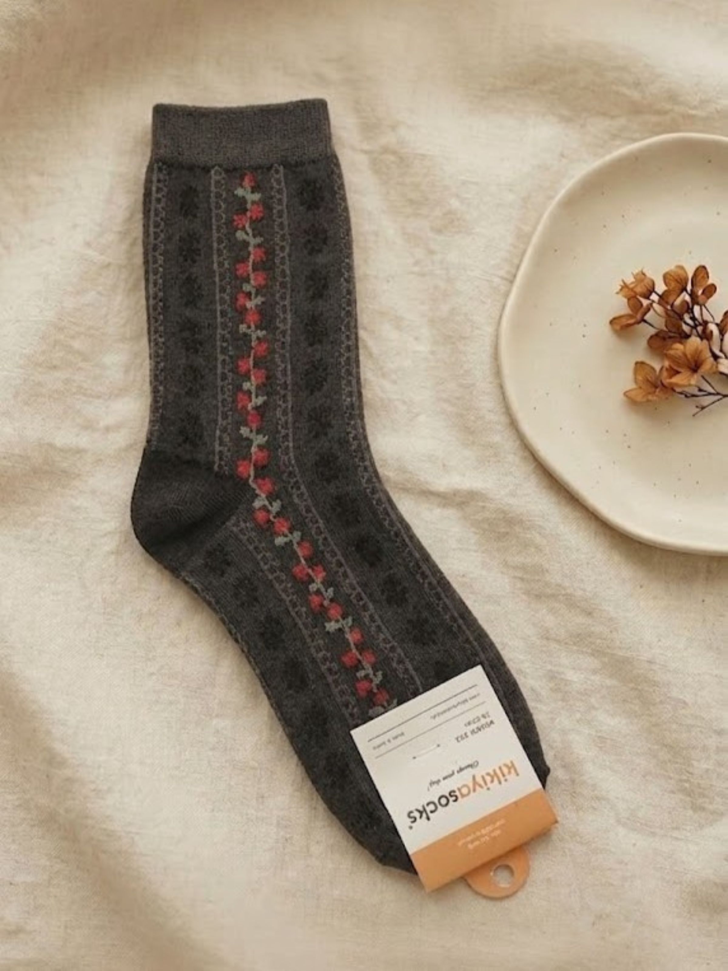 Korean Floral Stitch Women's Crew Socks