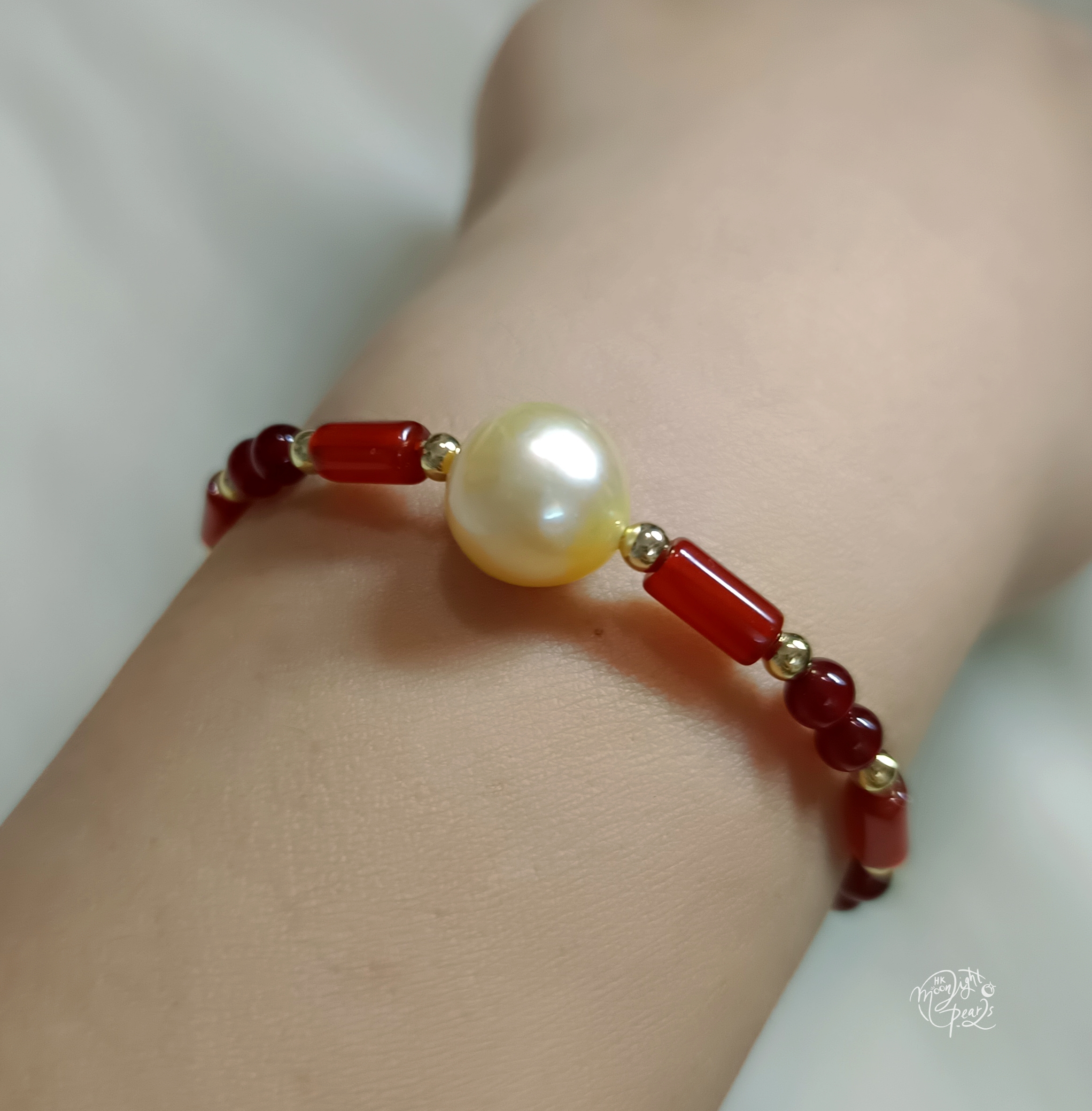 正圓強光南洋海水金珠+天然紅瑪瑙注金愛心尾鍊扣手鍊