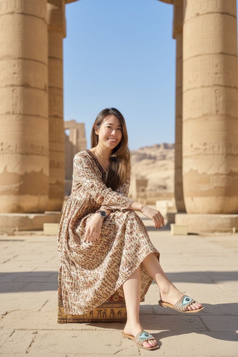 Egypt Print Kalamkari Y-Neck Block Print OP 45" #1089