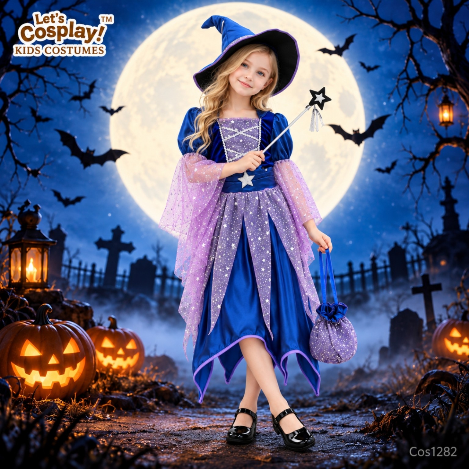 Let's Cosplay 兒童星空小女巫萬聖節角色扮演服 帽＋裙／魔法棒／糖果袋 Halloween Kids Costume COS1282