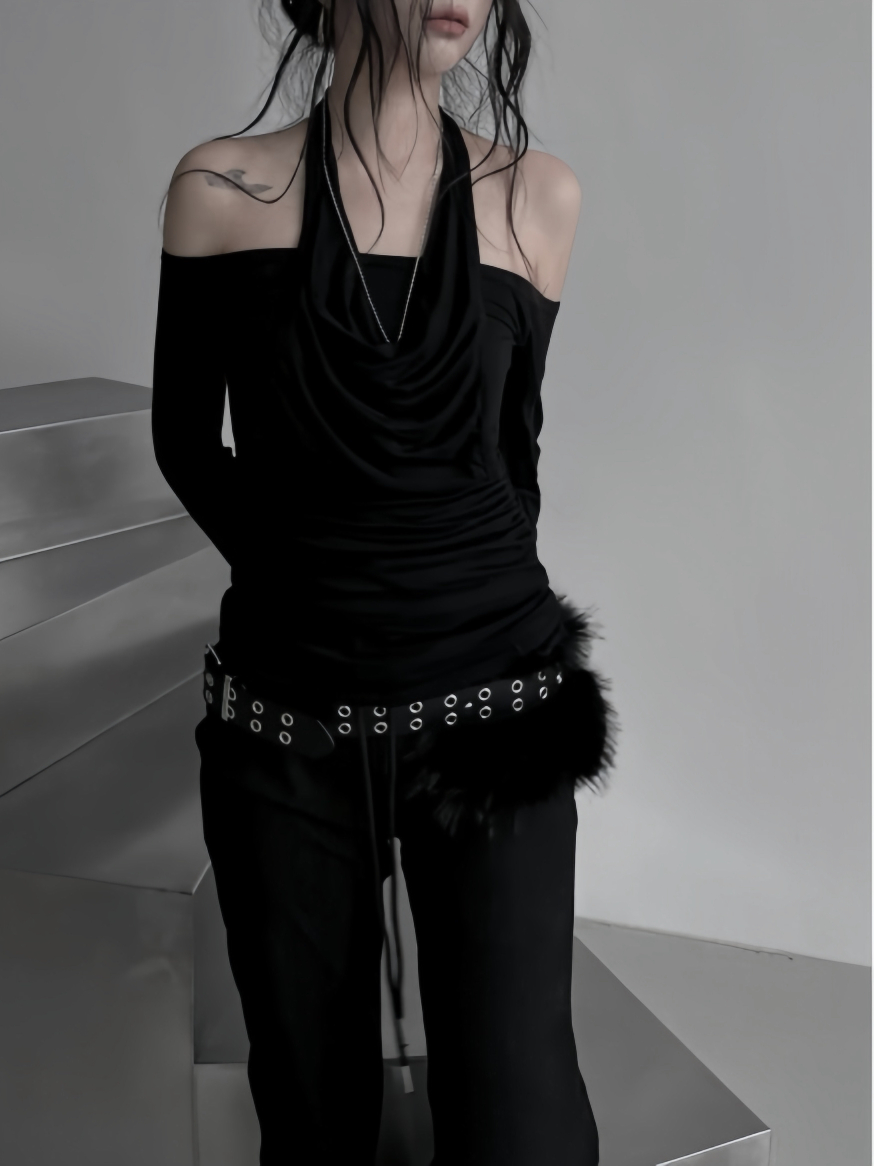 Halter Off-Shoulder Ruched Long Sleeve