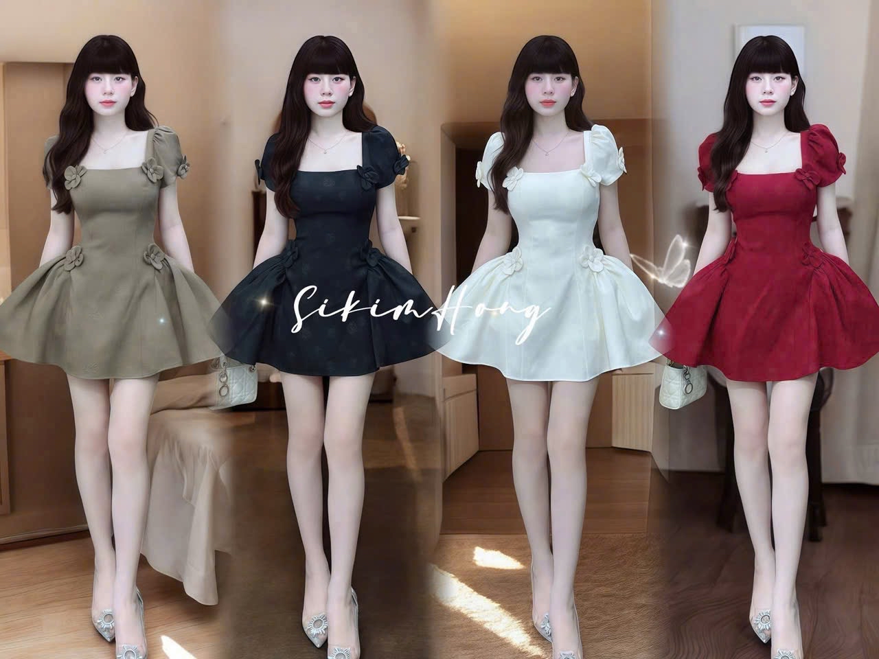 方領花朵貼花迷你連身裙  * 泡泡袖修身