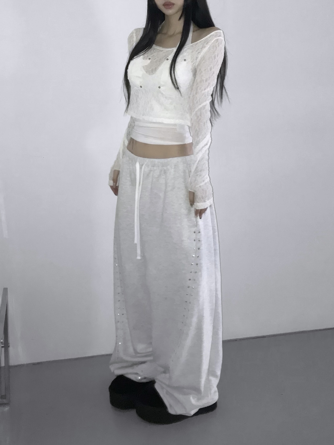 Sheer Lace Round Neck Crop Top