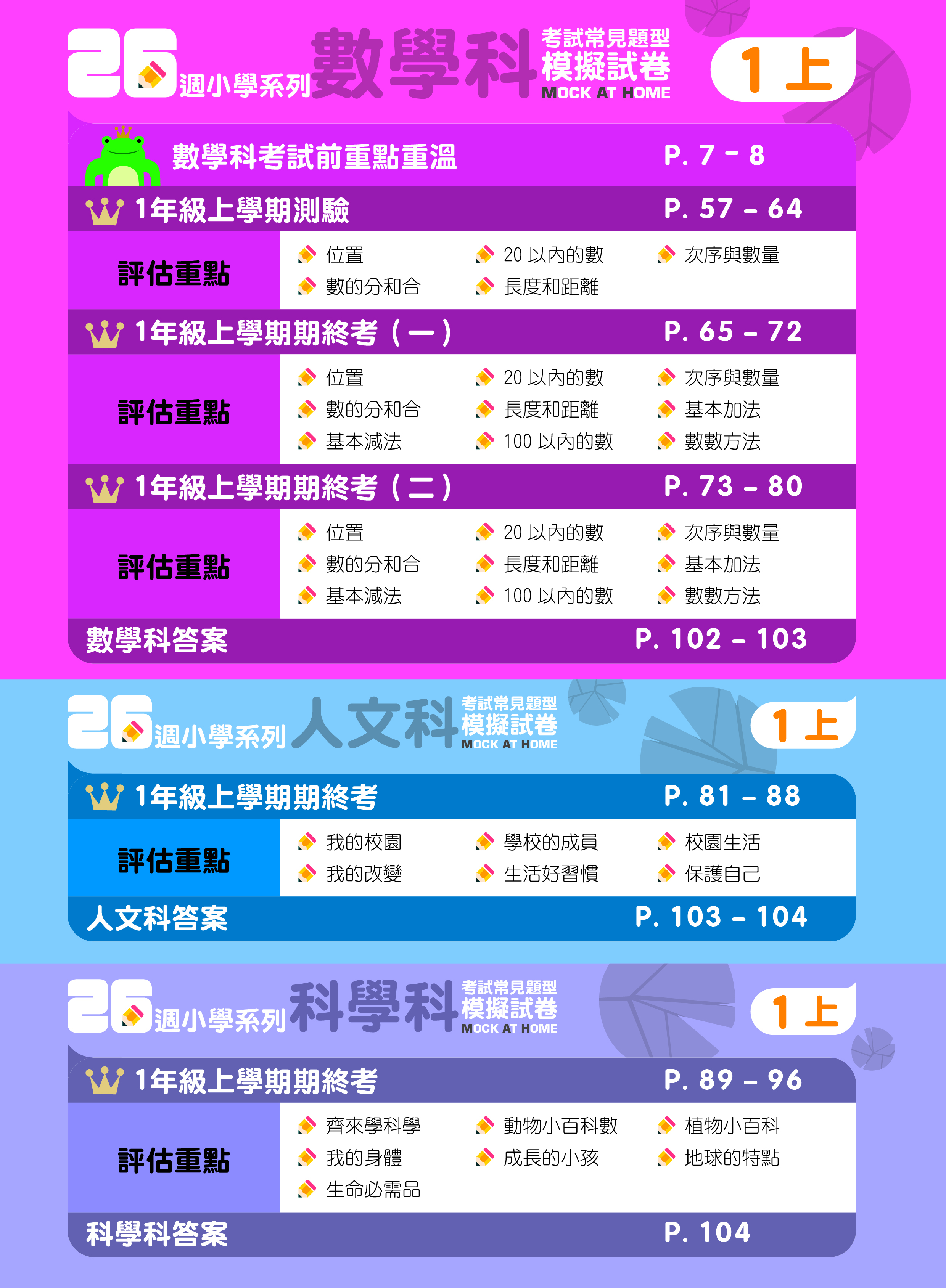 《26週小學系列：中英數人文科學 考試常見題型模擬試卷一上》