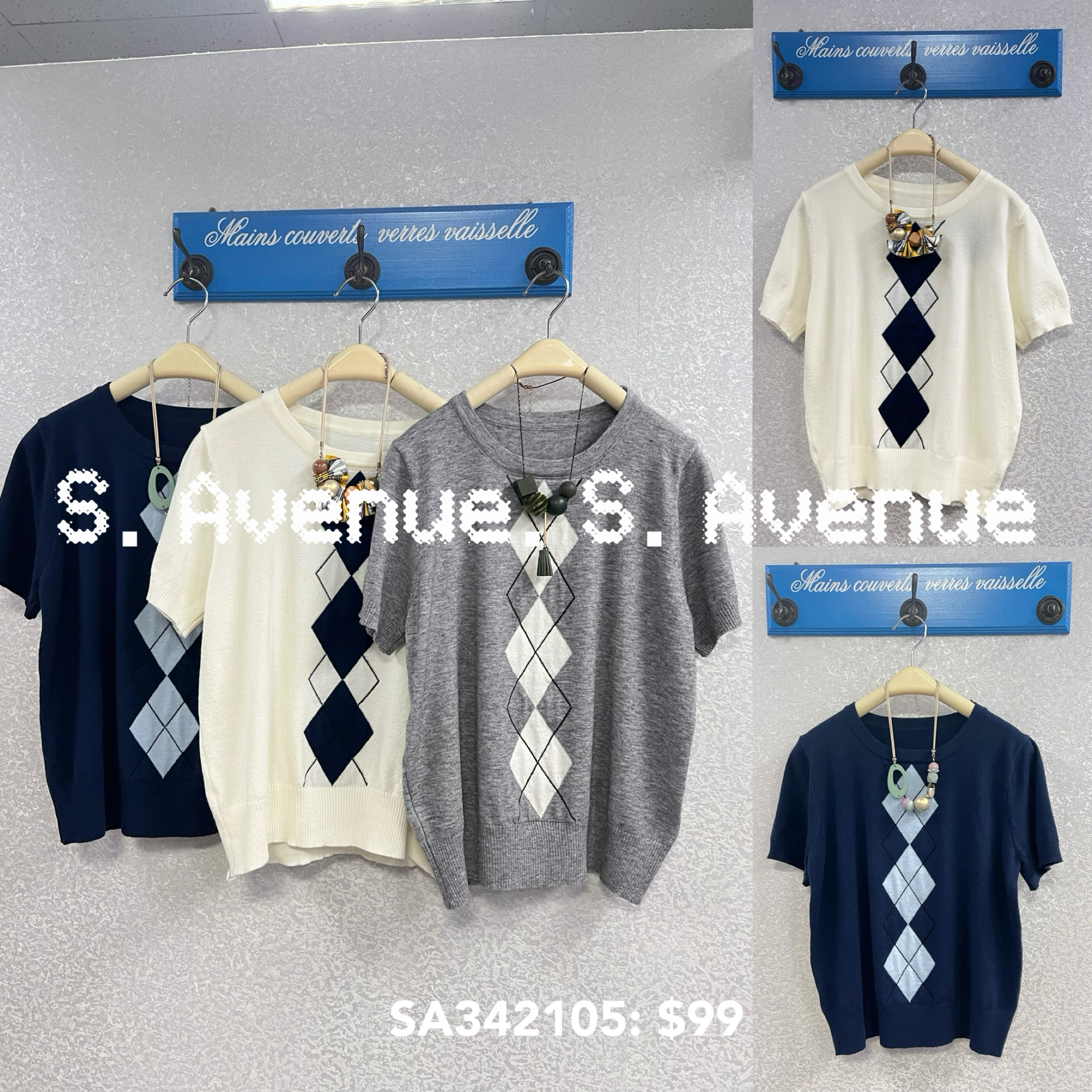 SA342105: 短袖菱格圖案線top