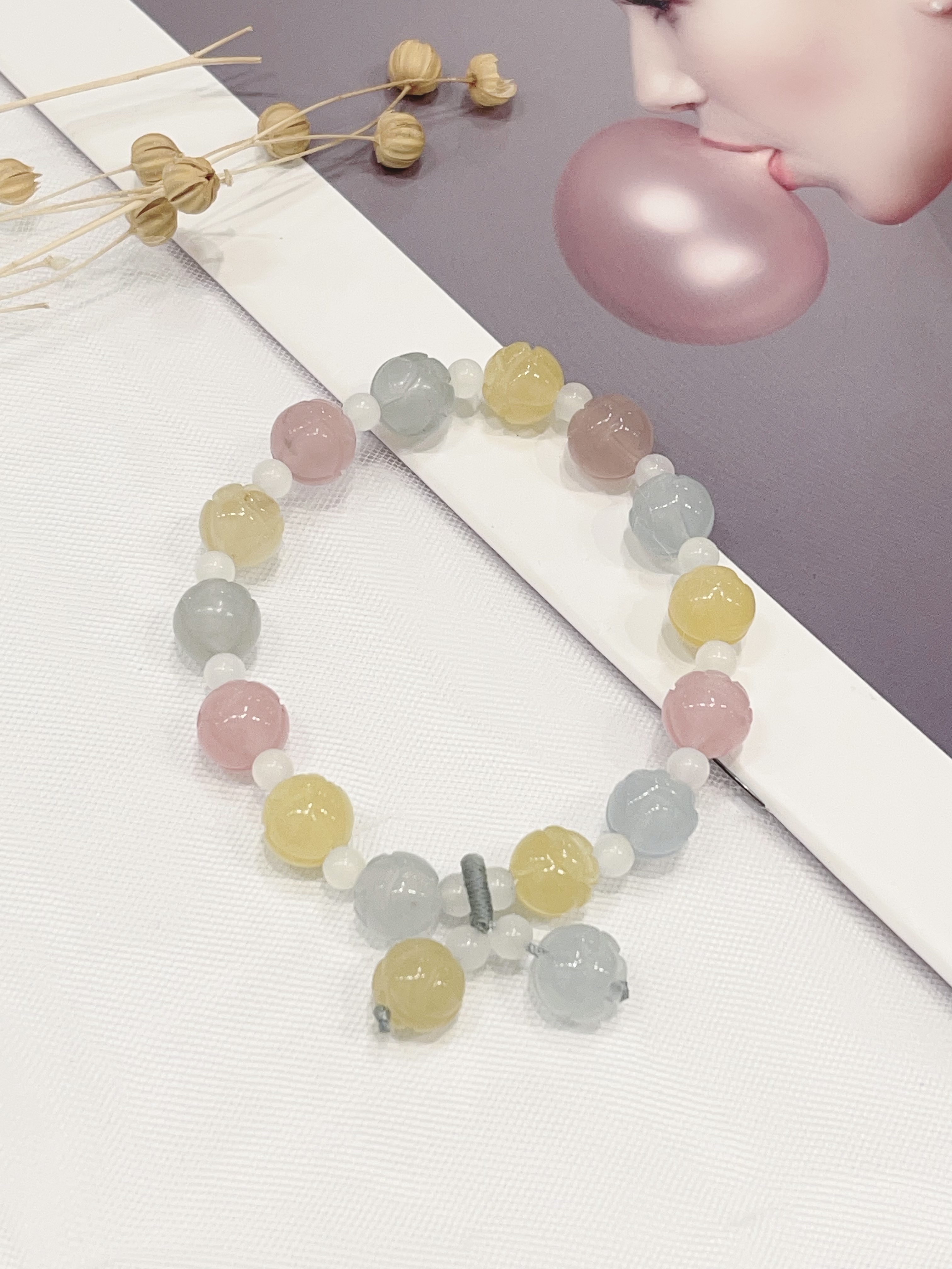 🌸 马卡龙金丝玉莲花手串 Macaron Golden Silk Jade Lotus Bracelet | 9mm