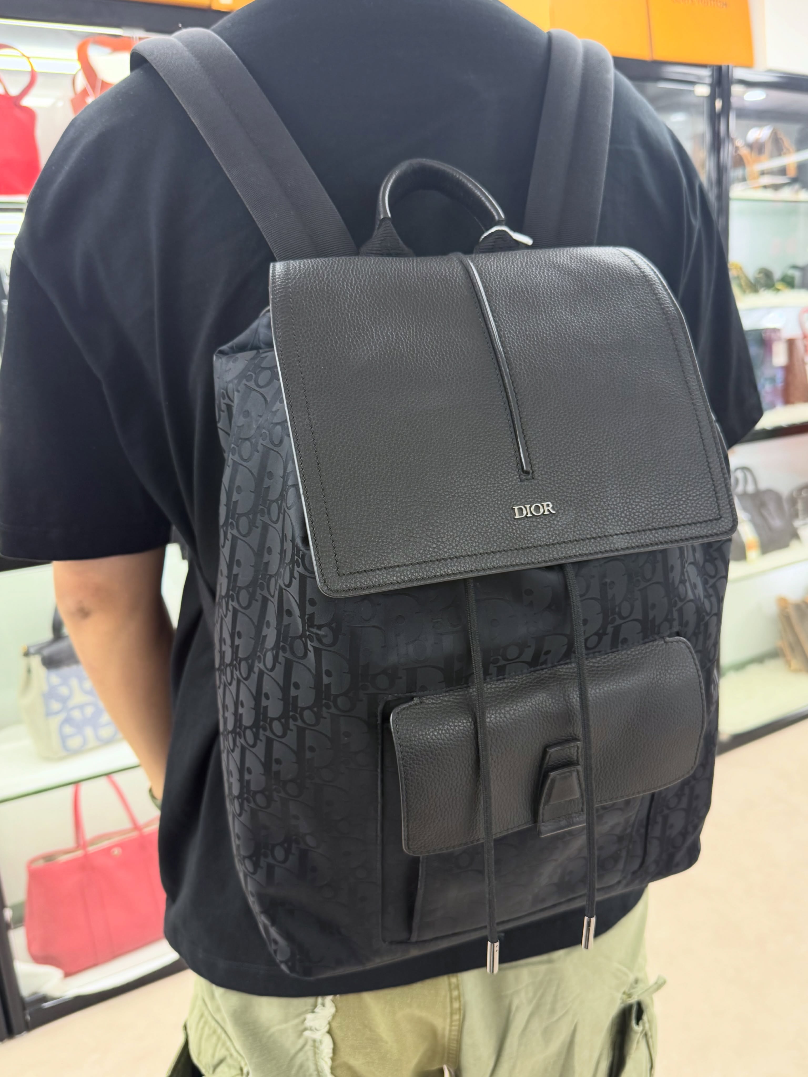 Dior👜 PRE OWNED 🛍️ Motion系列 黑色老花拼皮書包 🎒🖤