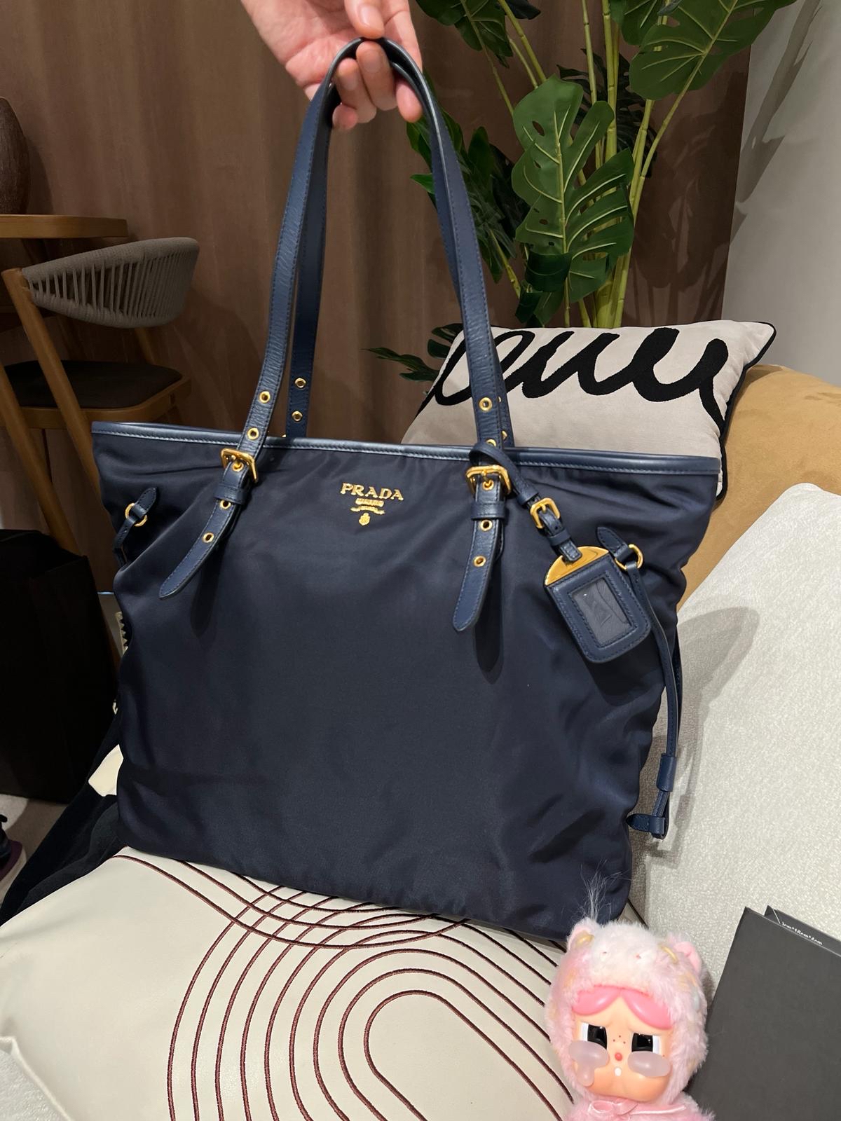 Prada Nylon Shopping Tote Bag Navy 100%Authentic, 98%New ✅ certificate 