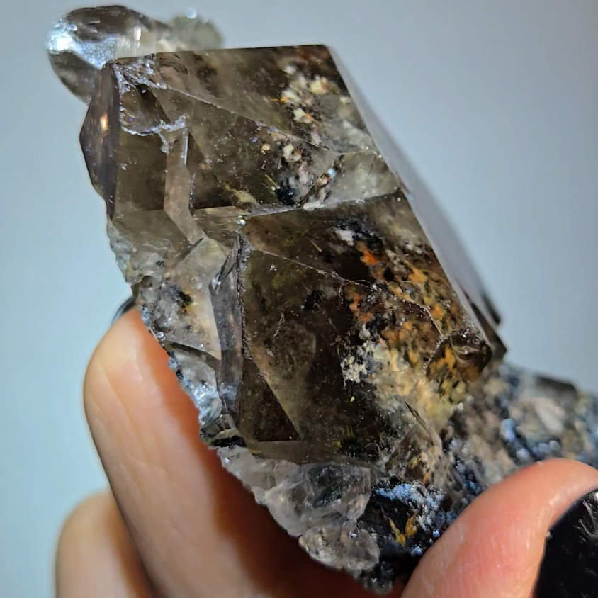 Golden starburst rutiles in quartz on black hematite - RT1444