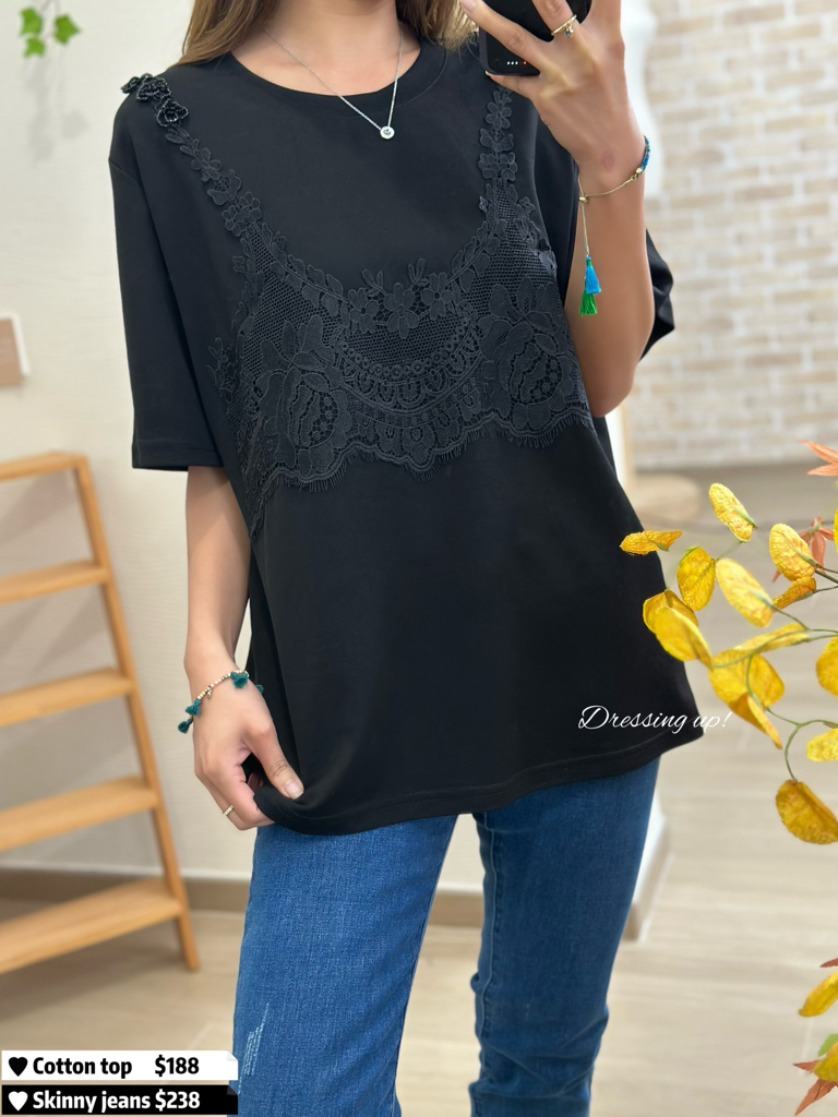 細節控｜拼網花軟棉上衣