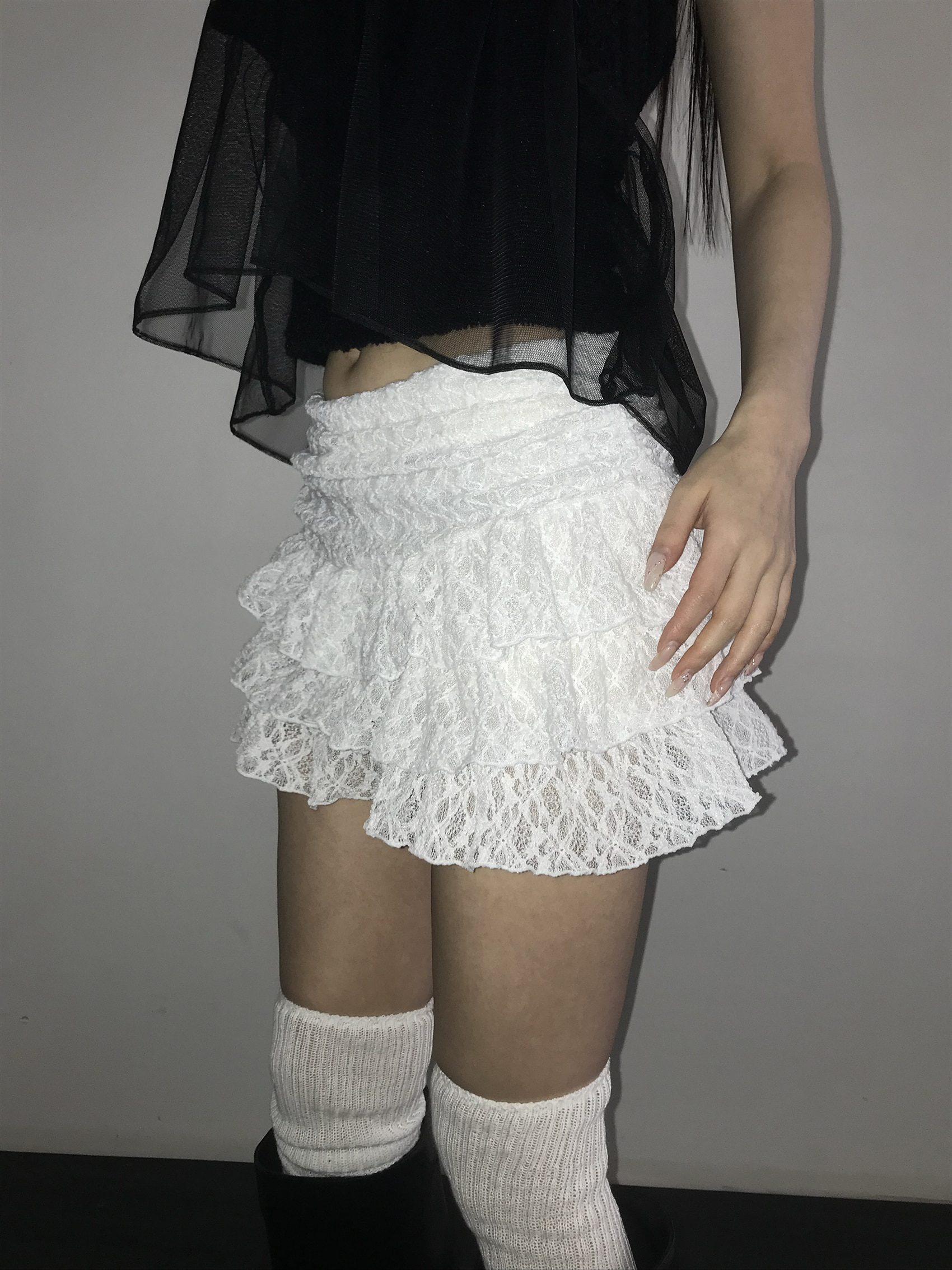 Tiered Ruffled Lace Mini Skirt