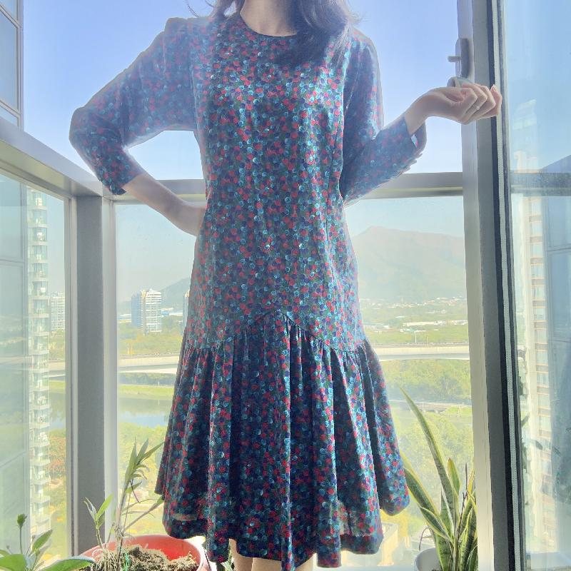 Vintage Trio Colour Fruit on Foliage Pattern Drop-Waist Flare Dress (MT2260-7)