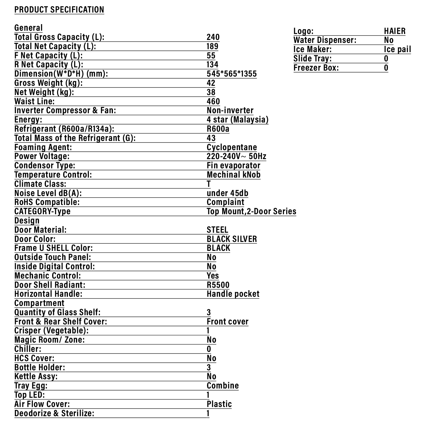 Haier 240L 2-Door Refrigerator Black (HRF-T240XM)