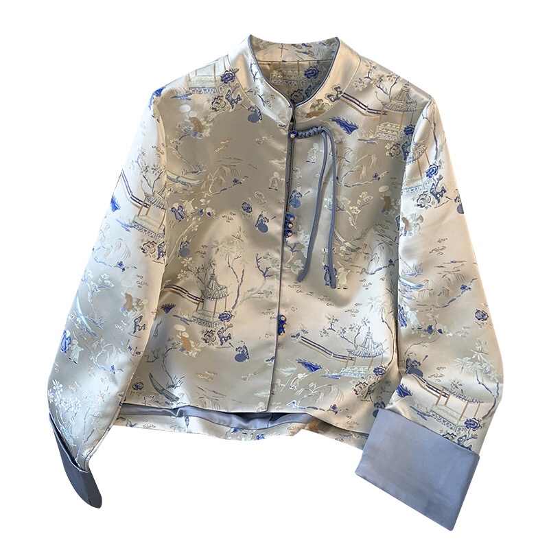 B291(0218外套) 新中式气质立领单流苏盘扣兰亭序重工织金蓝外套上衣