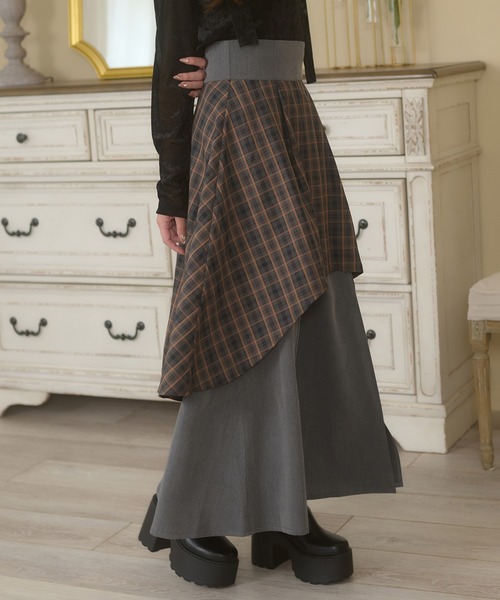 格子雙層開衩喇叭裙