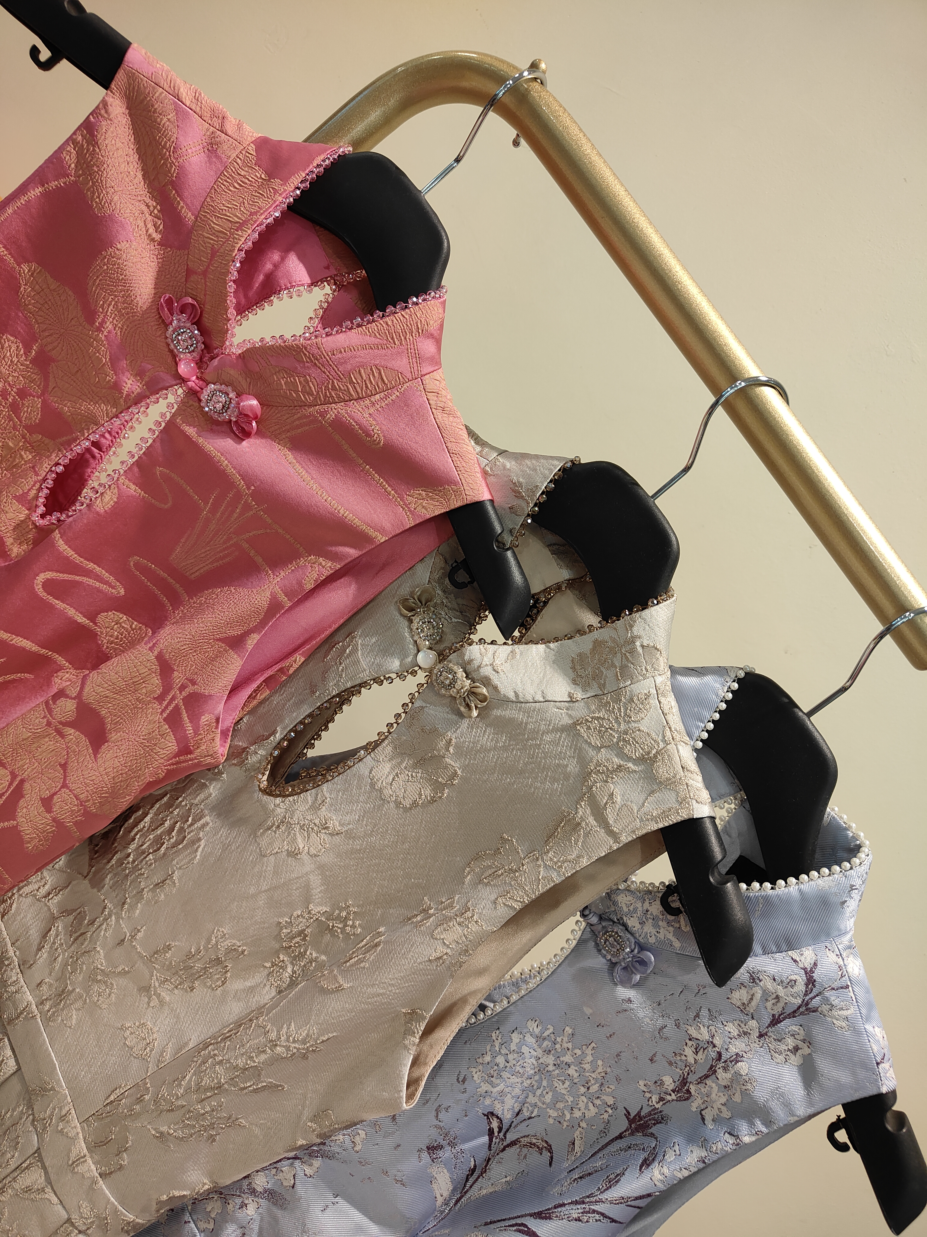 串珠露腰旗袍连身裙 2135 粉色/米色