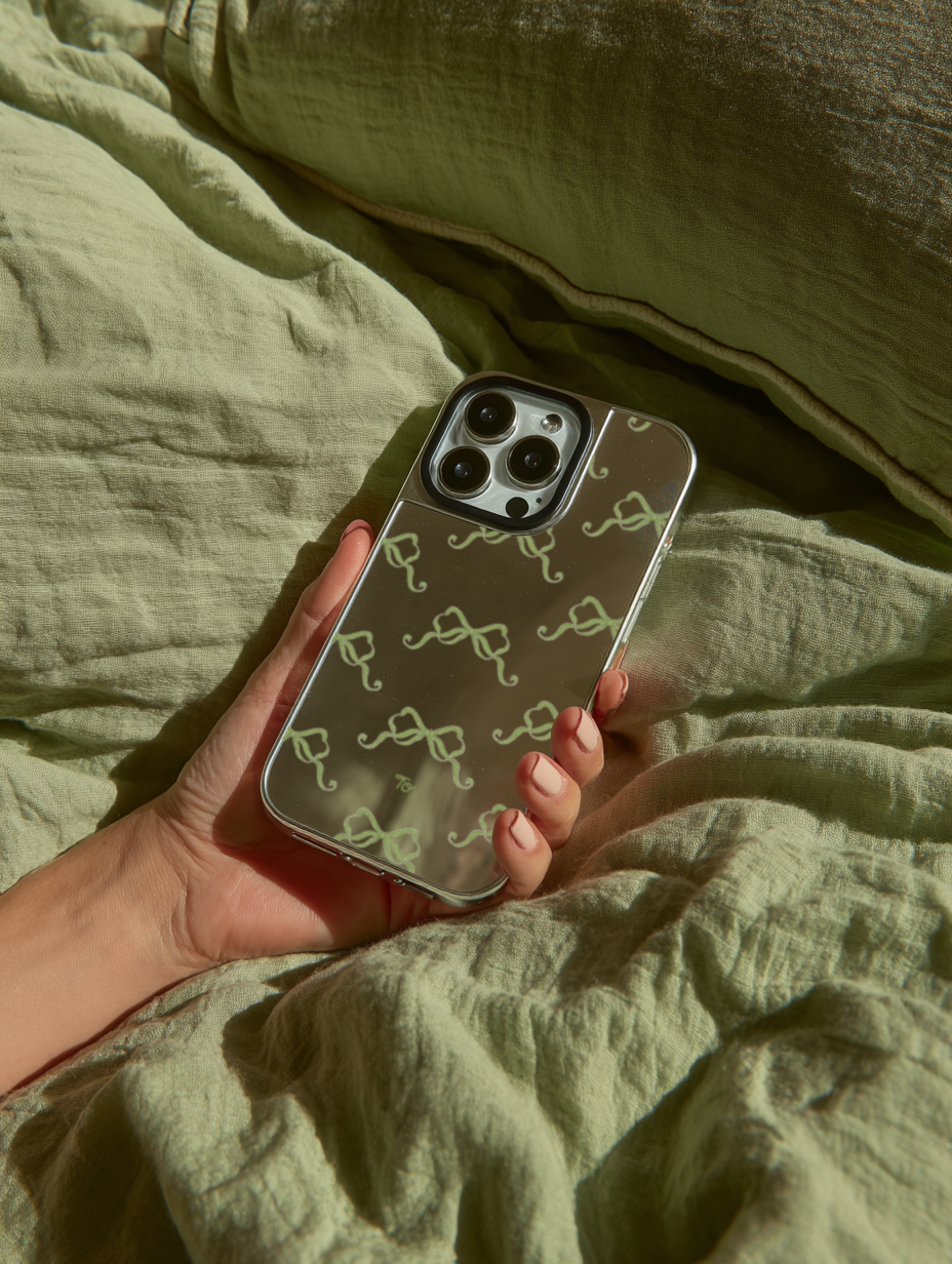 【Olive Green Ribbons in Full Printing】銀框鏡面MagSafe iPhone Case