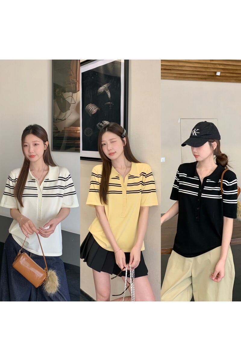 B04(69415) 韩系正肩翻领撞色三排双横纹肩3色针织上衣 