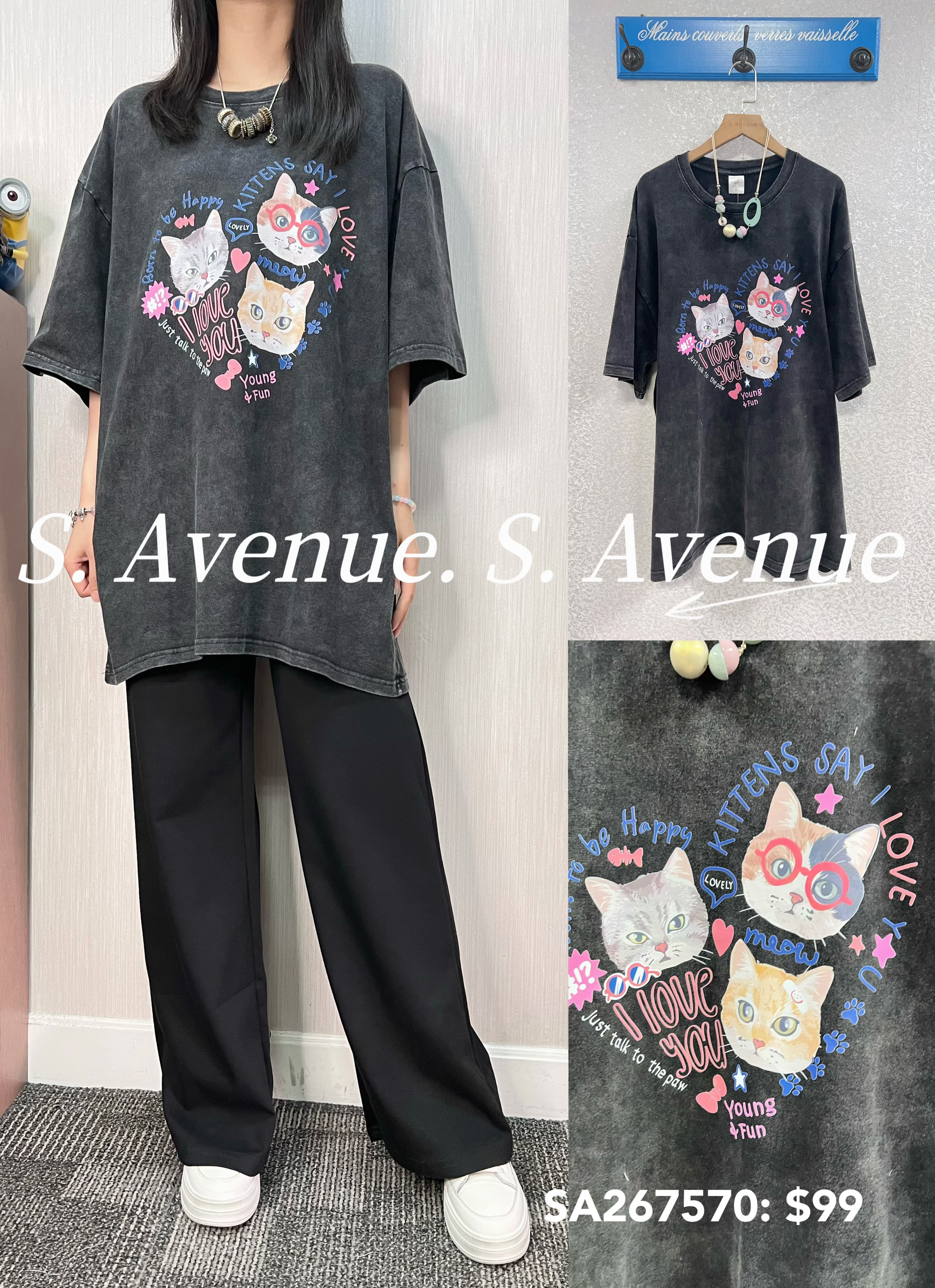 SA257670: 短袖印貓貓長身tee
