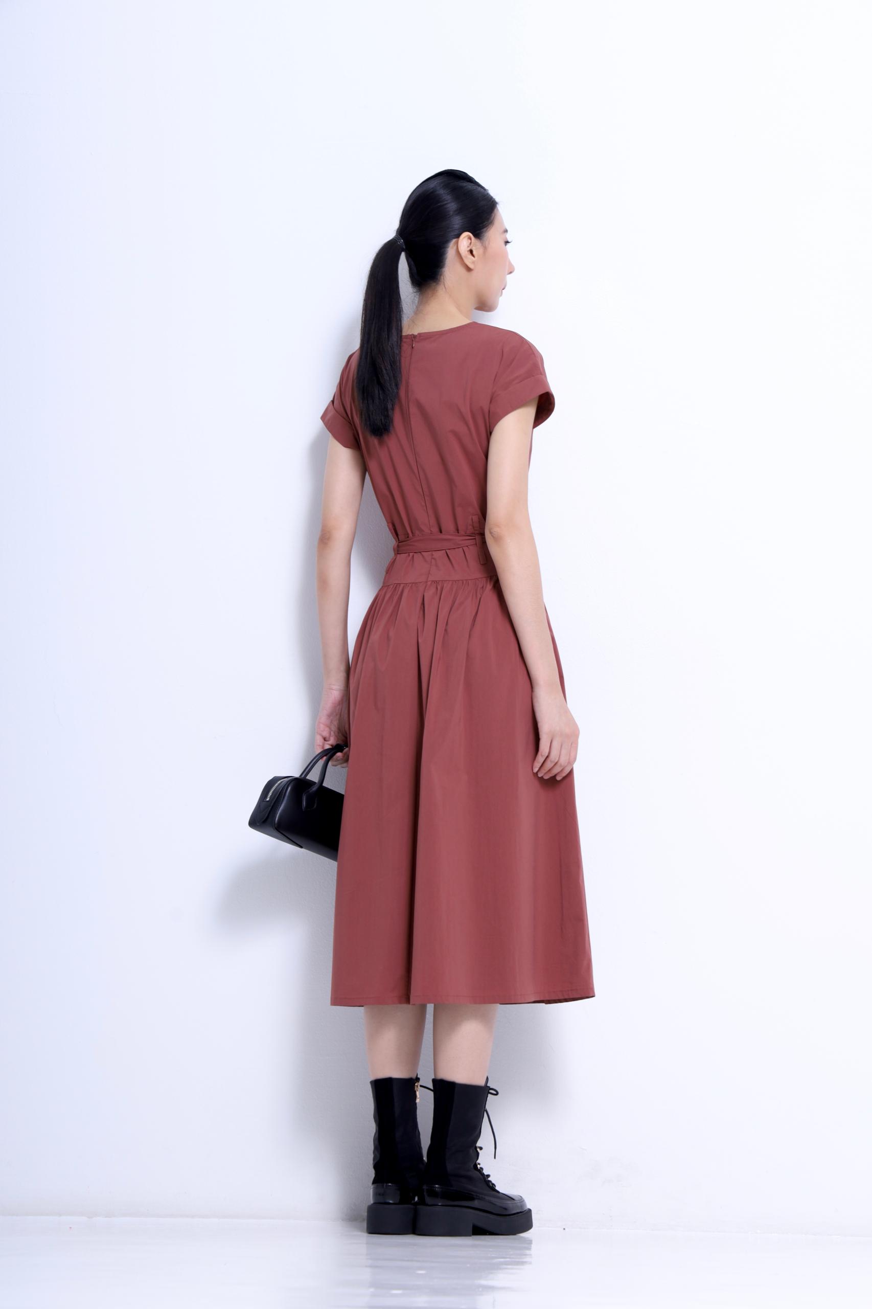 CD2157 ROUND NECK TIERED FLARE MIDI DRESS