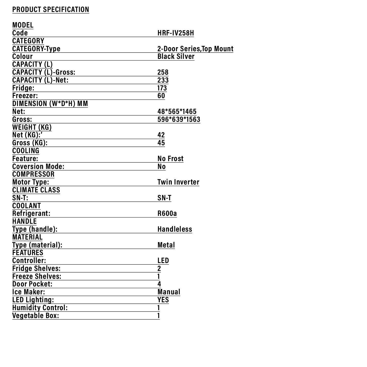 Haier 258L Inverter 2-Door Refrigerator (HRF-IV258H)
