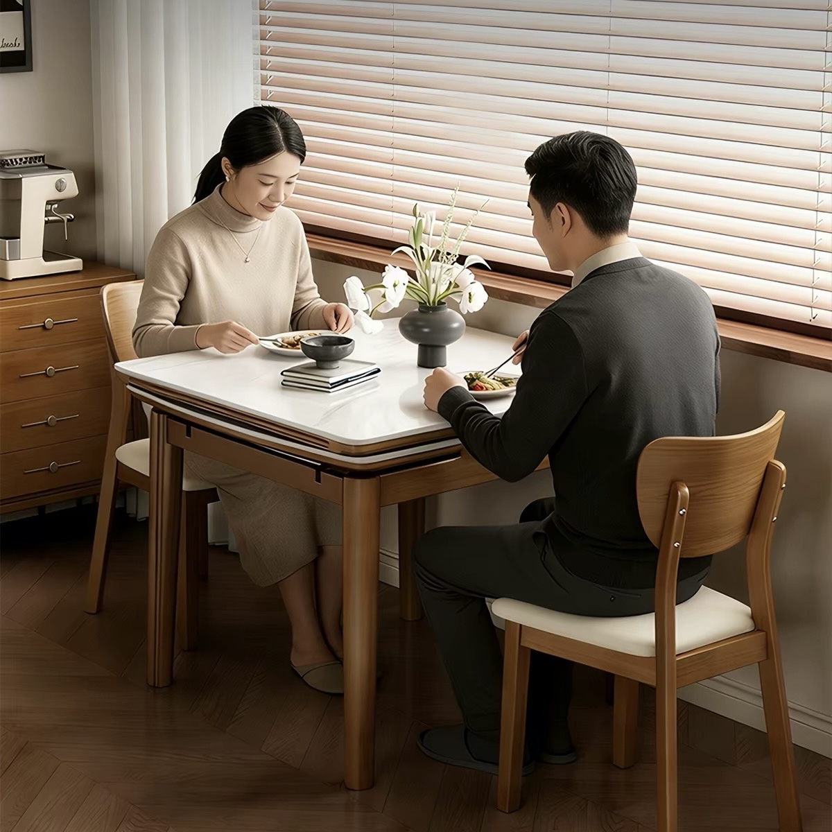 實木岩板餐枱 簡約現代 細單位專用 可伸縮摺疊長方形食飯枱 Dining table