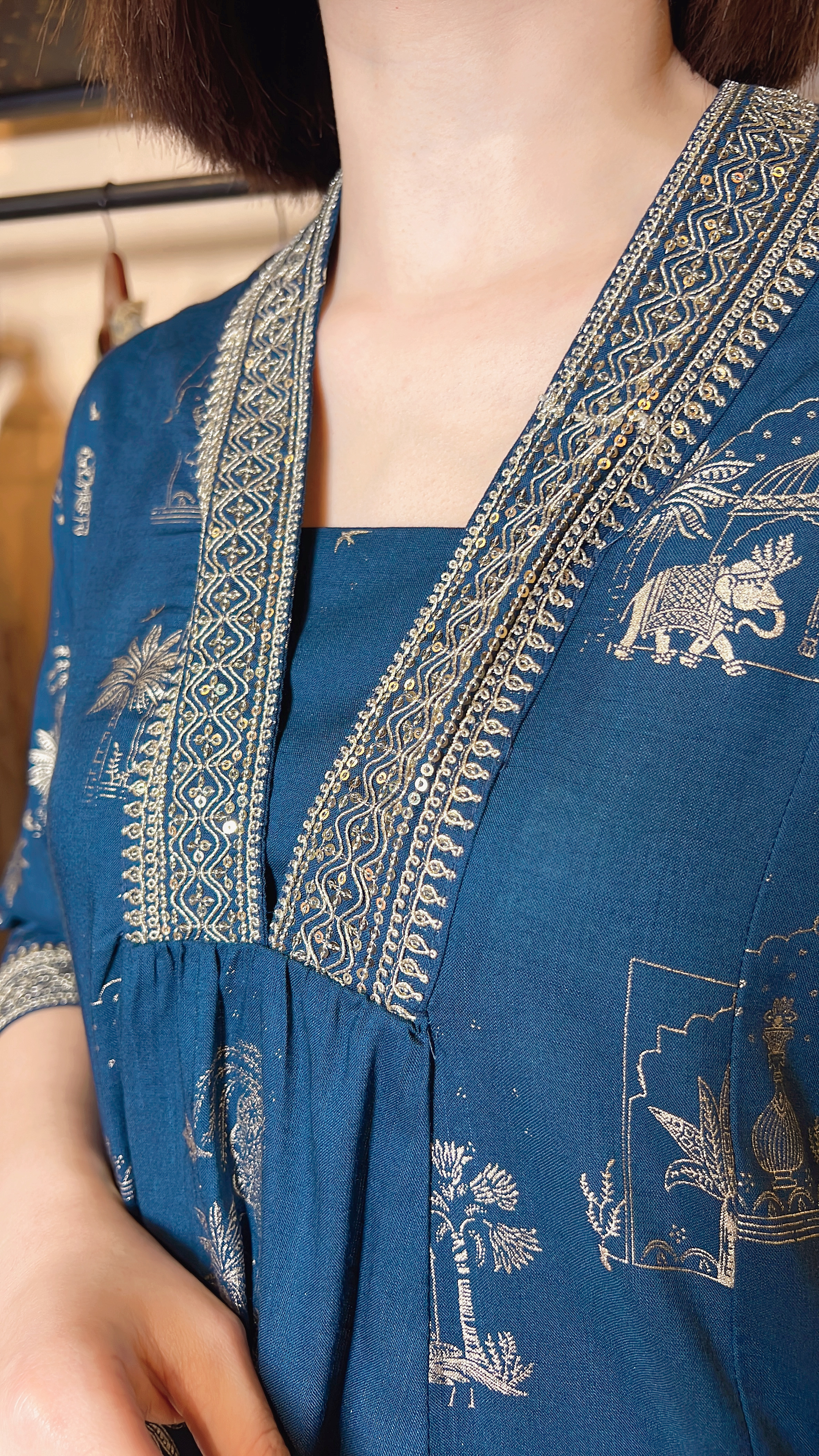 Navy Blue V-Neck Emb. Collar OP 42" #1068