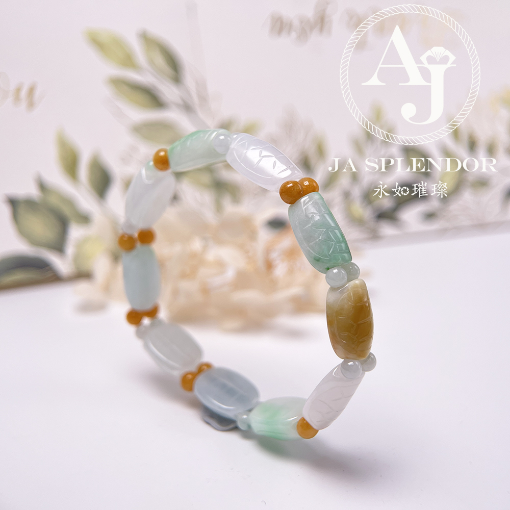 OF-06-C 天然翡翠A玉 - 冰潤三彩長壽吉祥龜貝手串