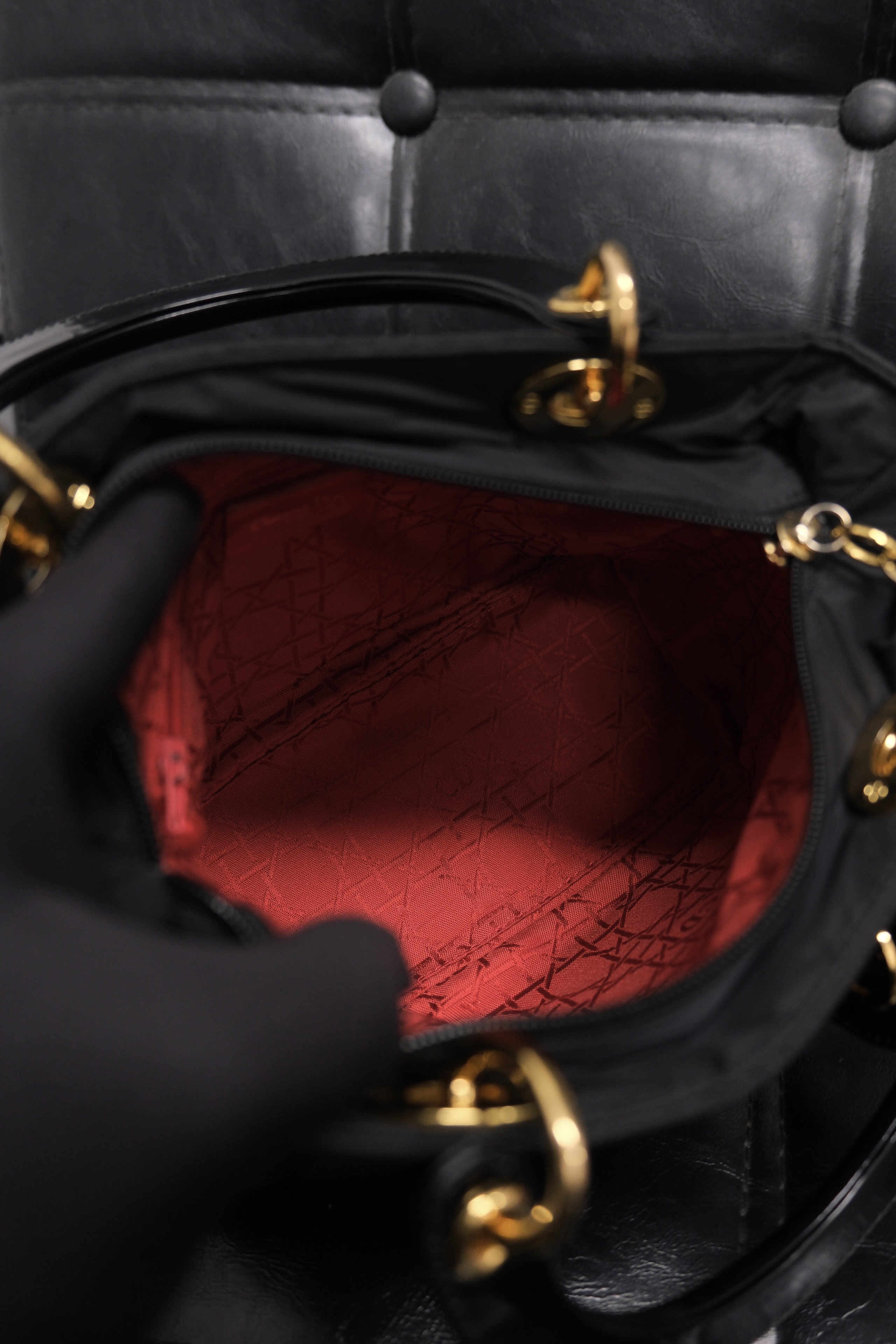 Dior Lady Dior Cannage Nylon Hand Bag Black Gold