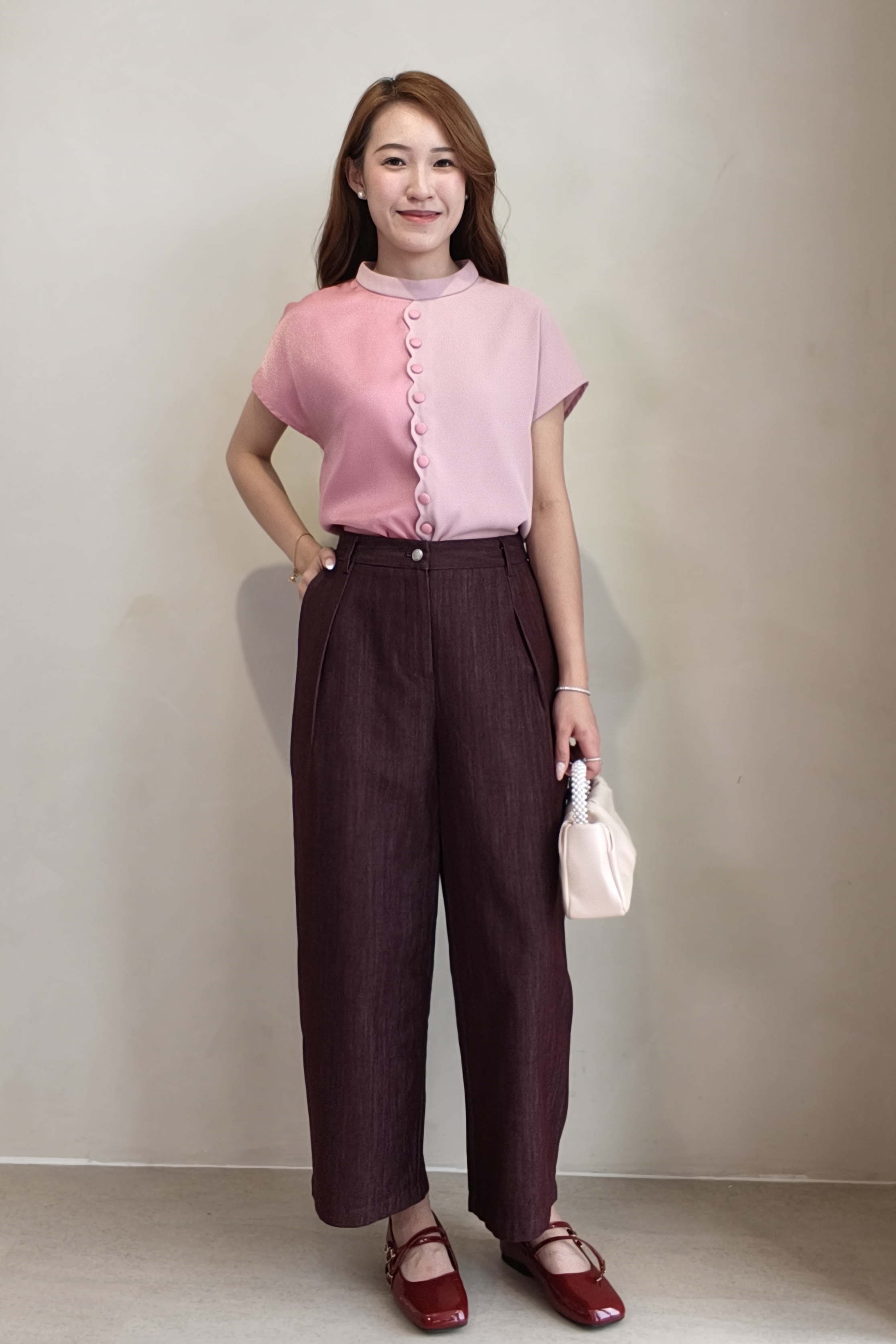 210581 Celeste Contrast Button Satin Blouse