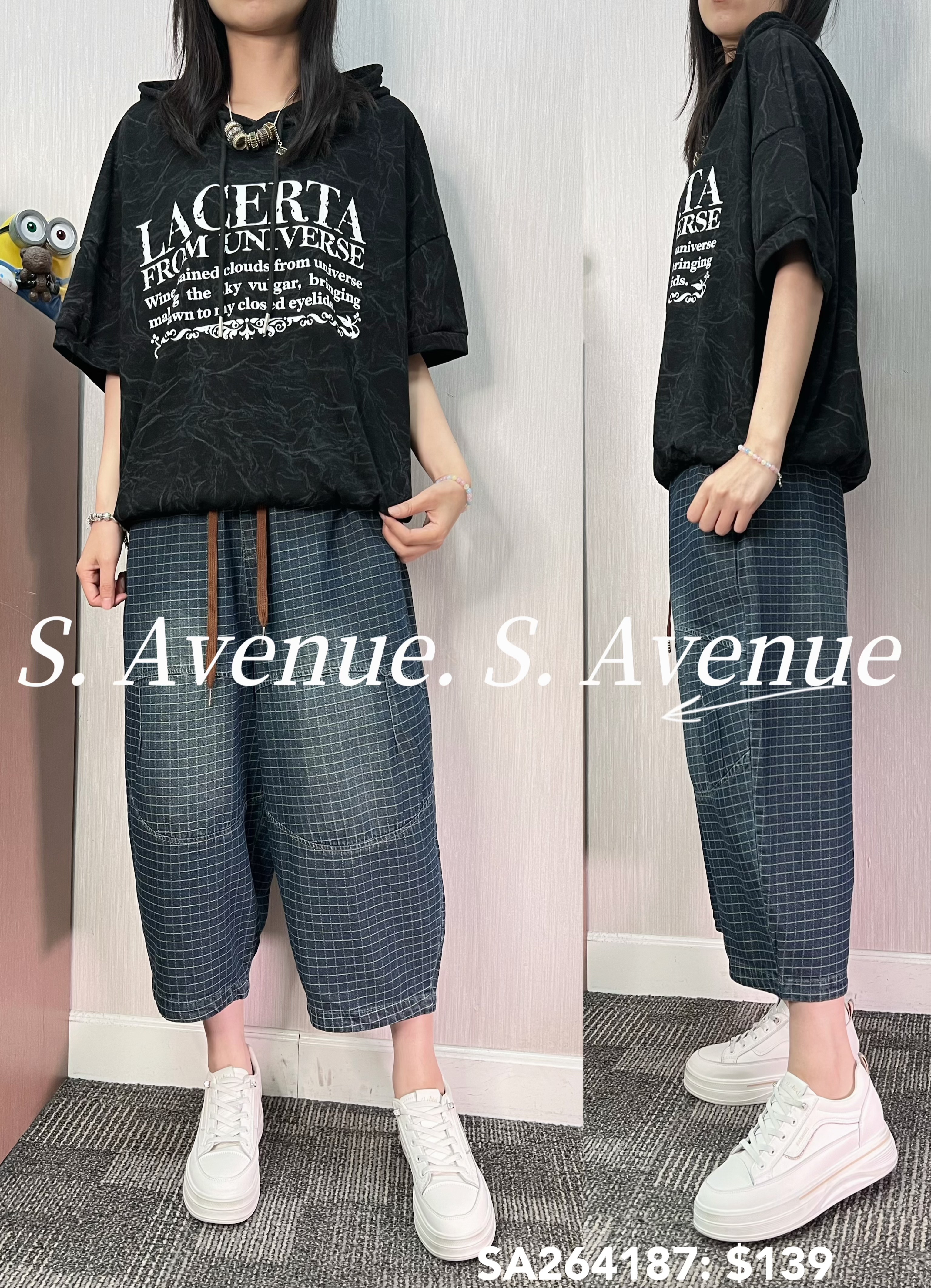 SA264187: 短袖有帽英文字束腳tee