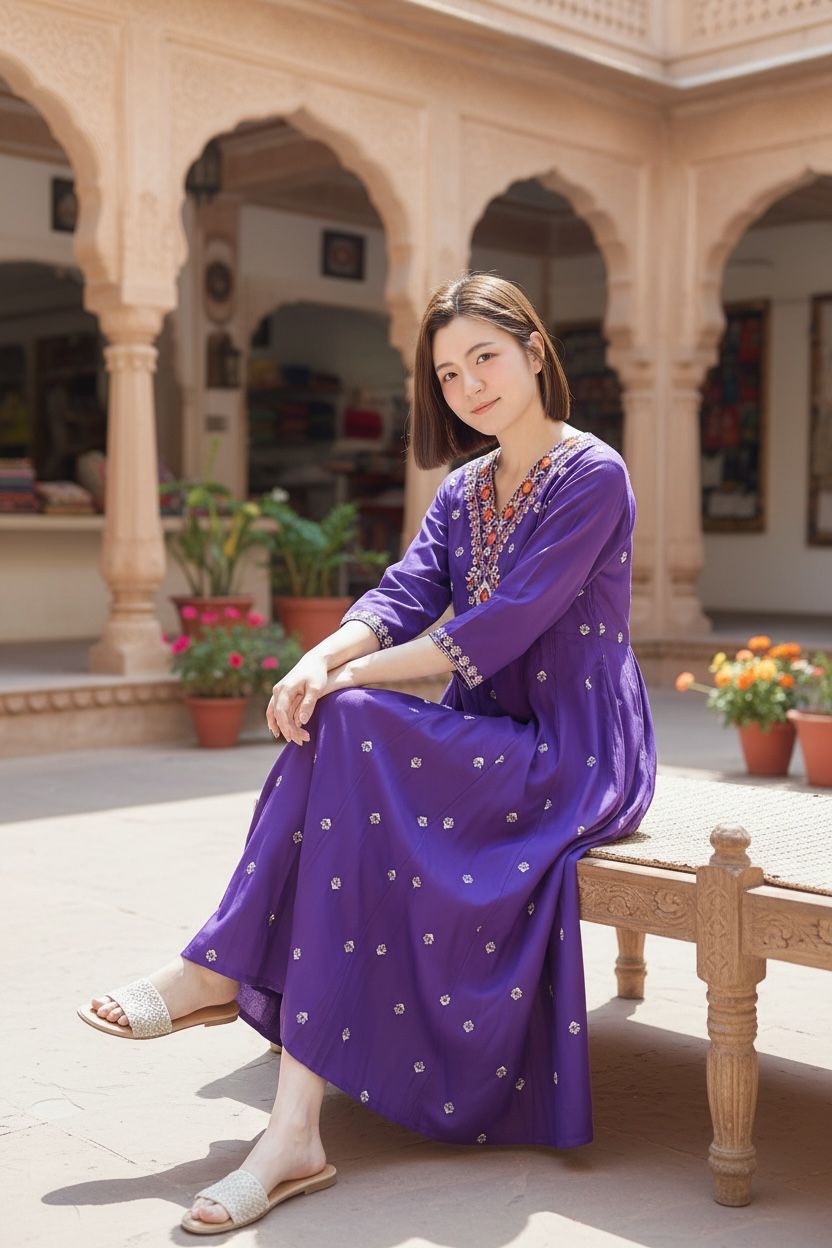 Purple Emb Big V Neck Cotton OP 46" #1051