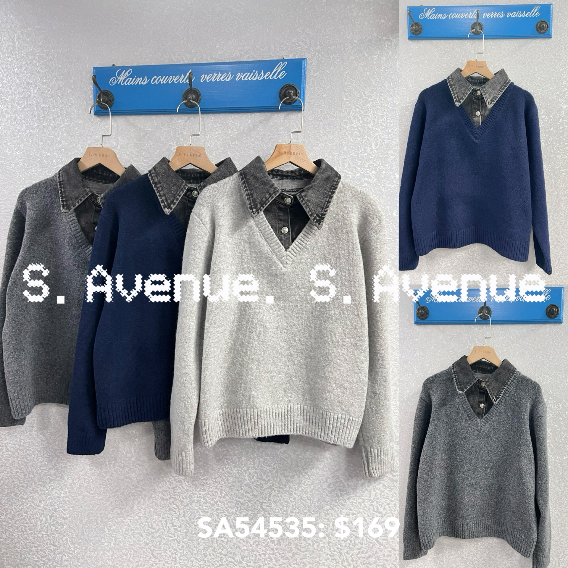 SA54535: 長袖牛仔領假兩件冷top