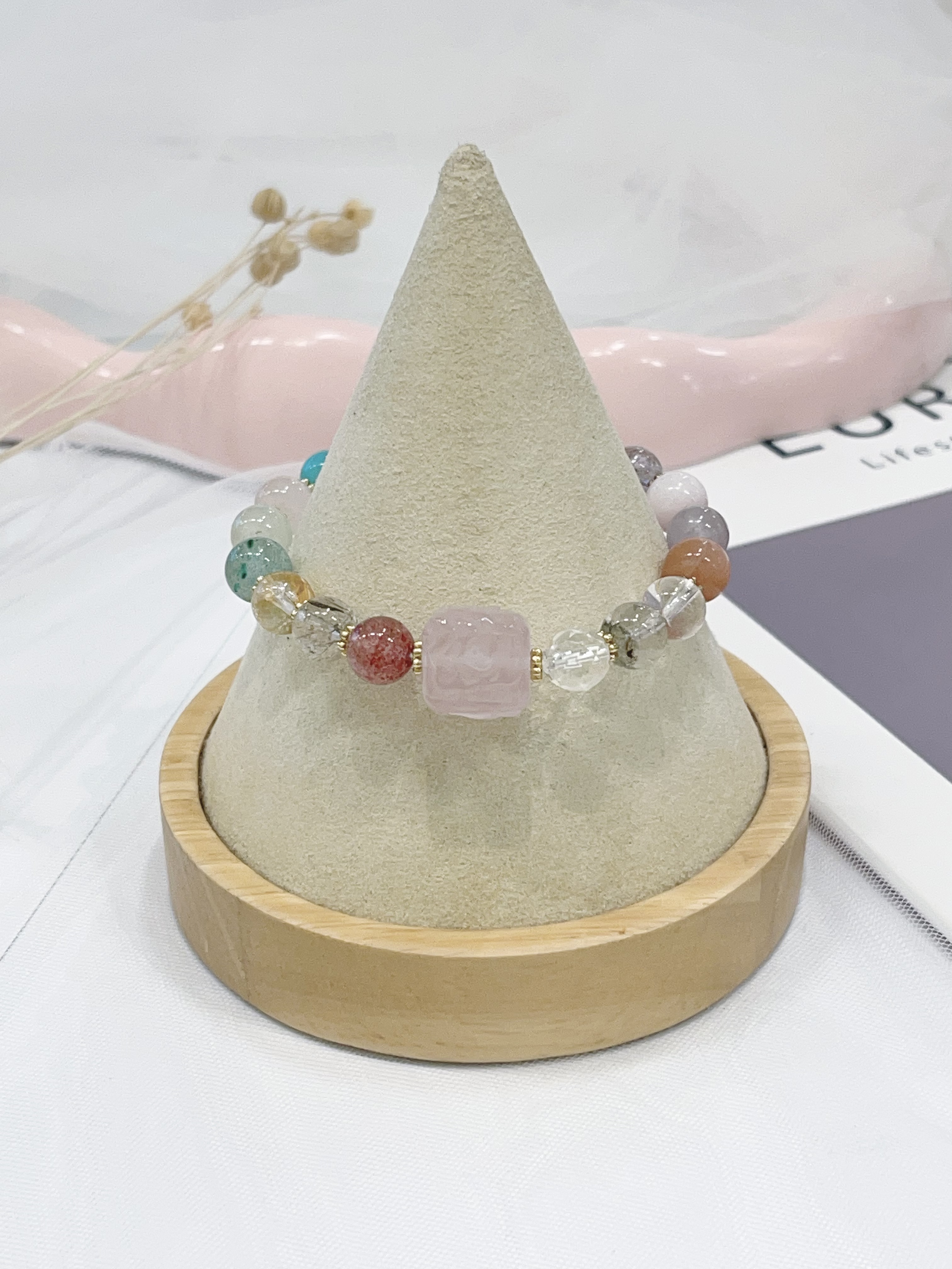 🌸 粉水晶方糖 × 多宝水晶手串  Rose Quartz Cube & Mixed Crystals Bracelet｜8mm