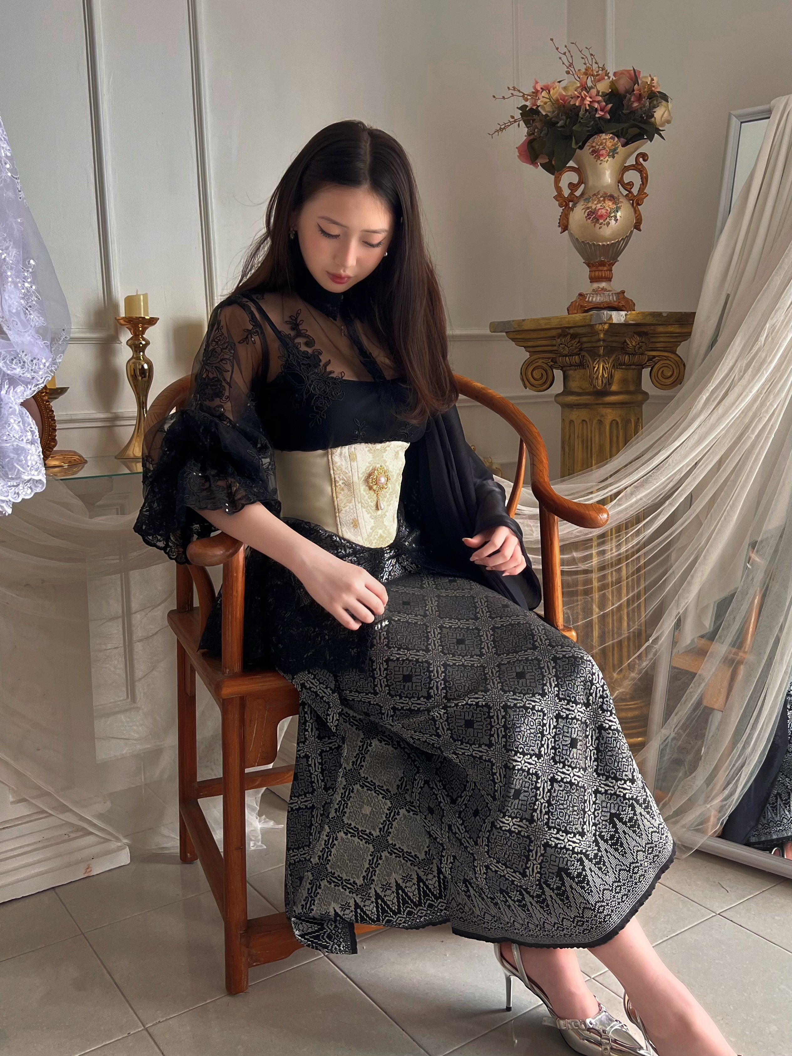 Songket Underbust Corset in Crème and Pareo Skirt in Black with Angel Blouse in Black