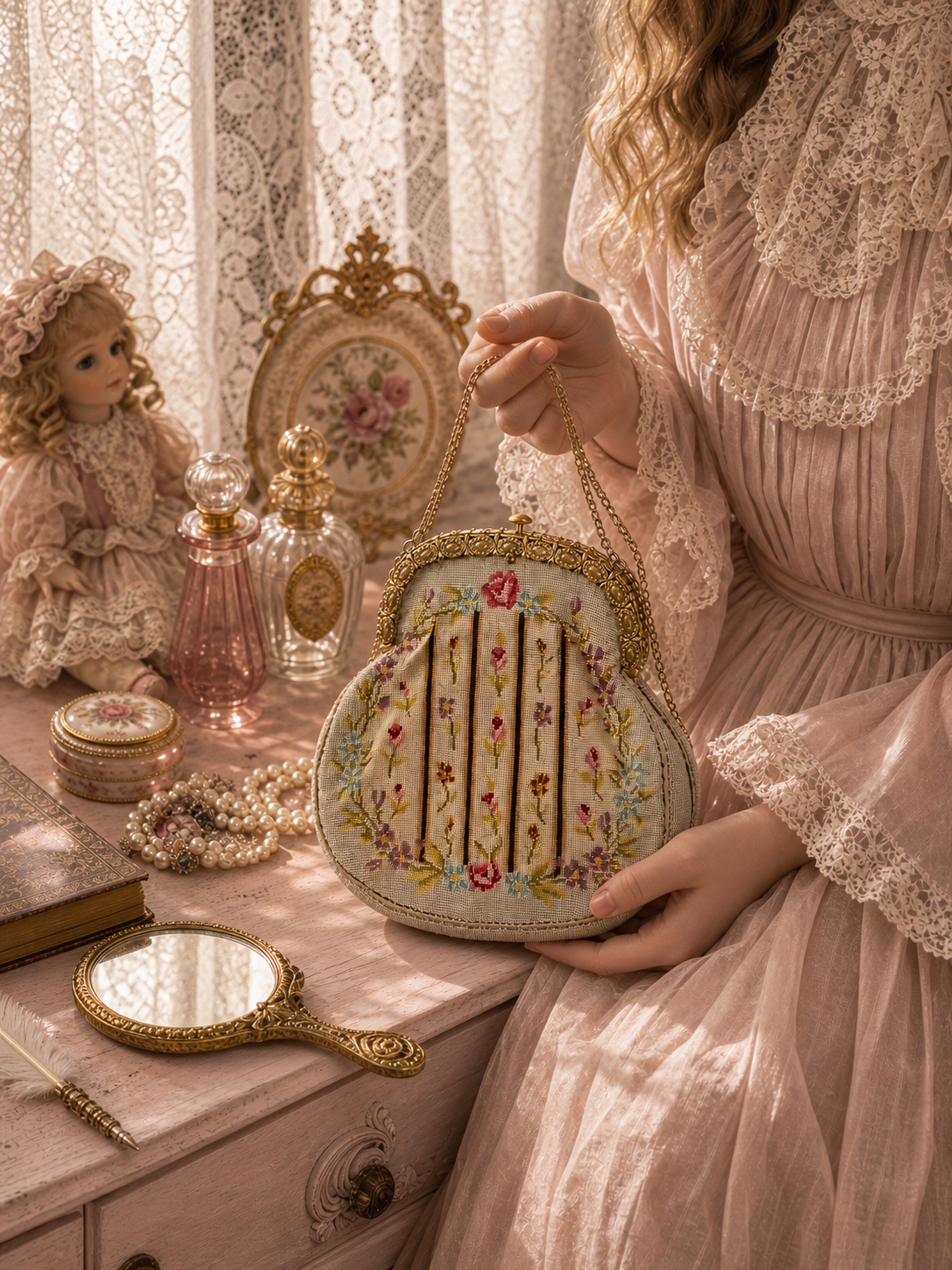 玫瑰詩篇法式宮廷微針刺繡口金晚宴包The Rose Poem of Belle Époque: French Court Petit Point Embroidered Evening Bag