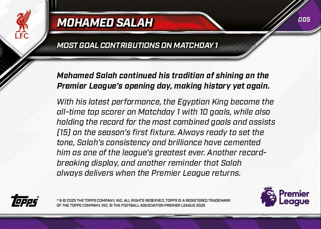Mohamed Salah - 2025-26 Premier League Topps NOW® #5 英超開鑼日紀錄卡｜PR 2,615