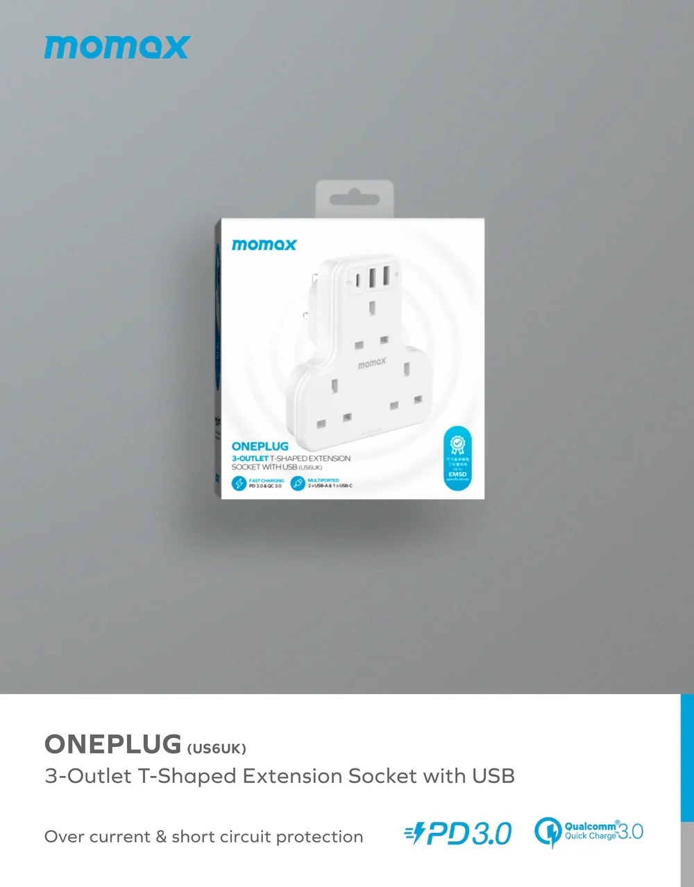 Momax ONEPLUG (US6UK) 3 位(1 USB+ 2 USB)