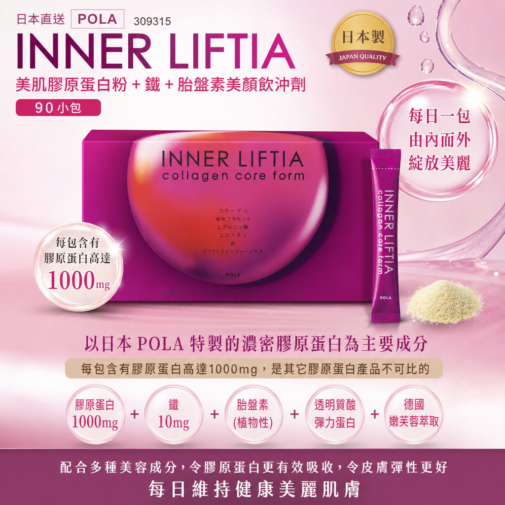 日本直送 POLAINNER LIFTIA 美肌膠原蛋白粉+鐵+胎盤素美顏飲沖劑 90小包