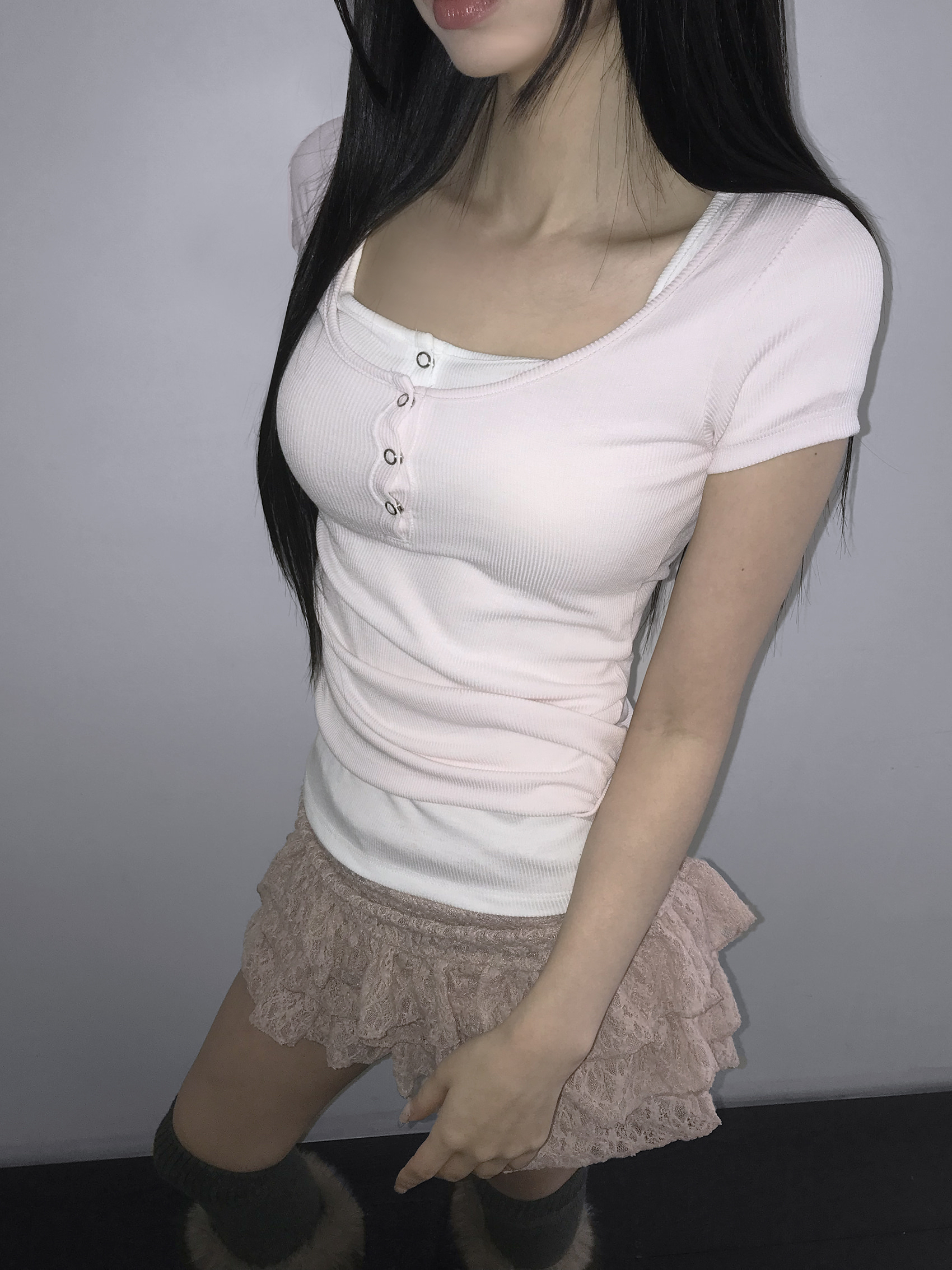 Scoop Neck Ribbed Button Short Sleeve