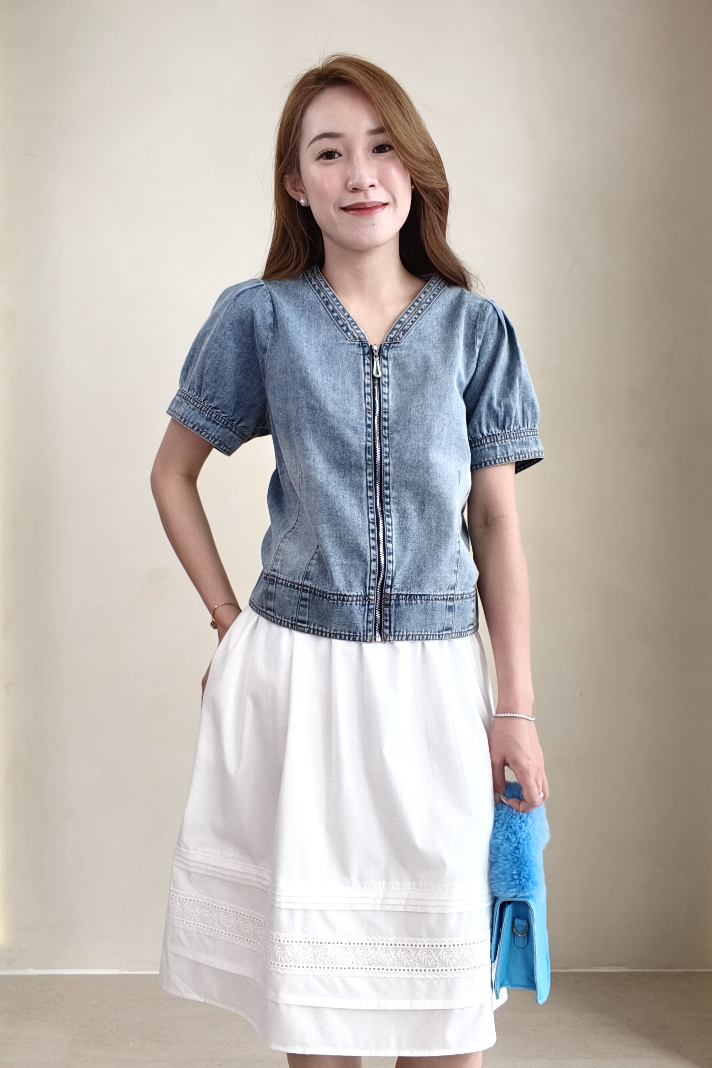 9731 Denim Puff Sleeve Blouse